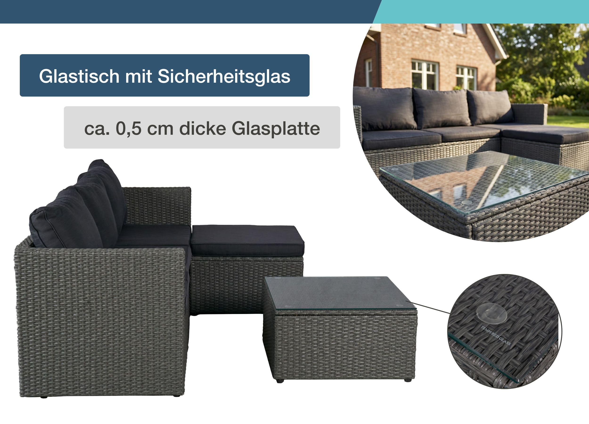 LC Garden Loungino Polyrattan Lounge grau-Mix für 3-4 Personen, Balkonmöbel Sitzgruppe mit Tisch + Hocker, Gartenlounge, Ecksofa für Balkon + Terrasse
