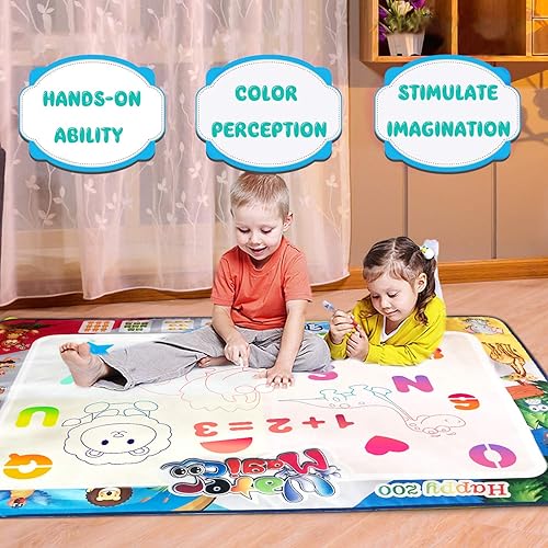 Miniatura 6 de MOONTOY Tapete de dibujo de agua, juguete para niños, grande, para pintar con plumas mágicas, tapete de dibujo libre de desorden con colores neón,