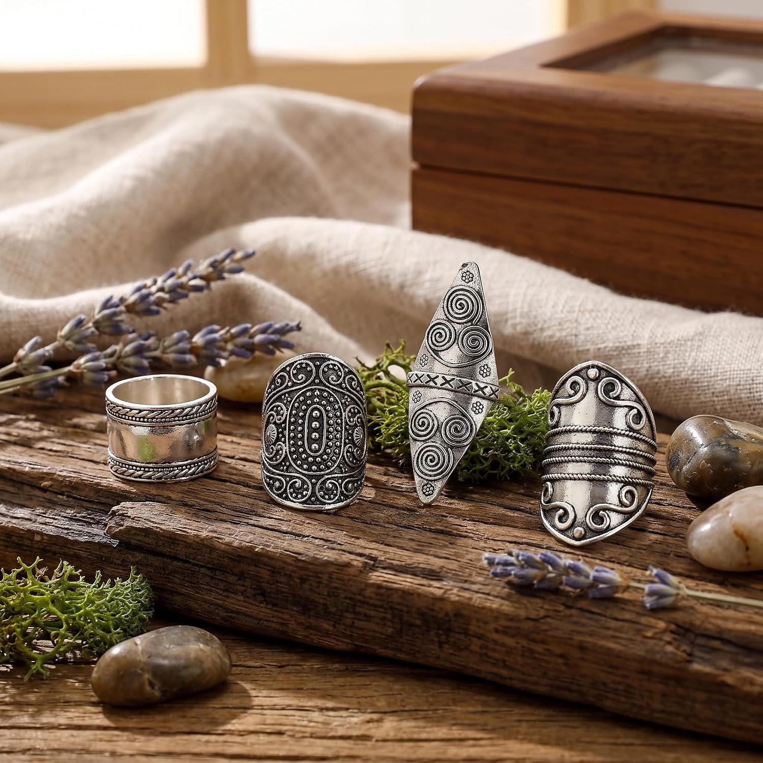 4 Pcs Chunky Western Rings for Women Boho Vintage Jewelry Set image 3