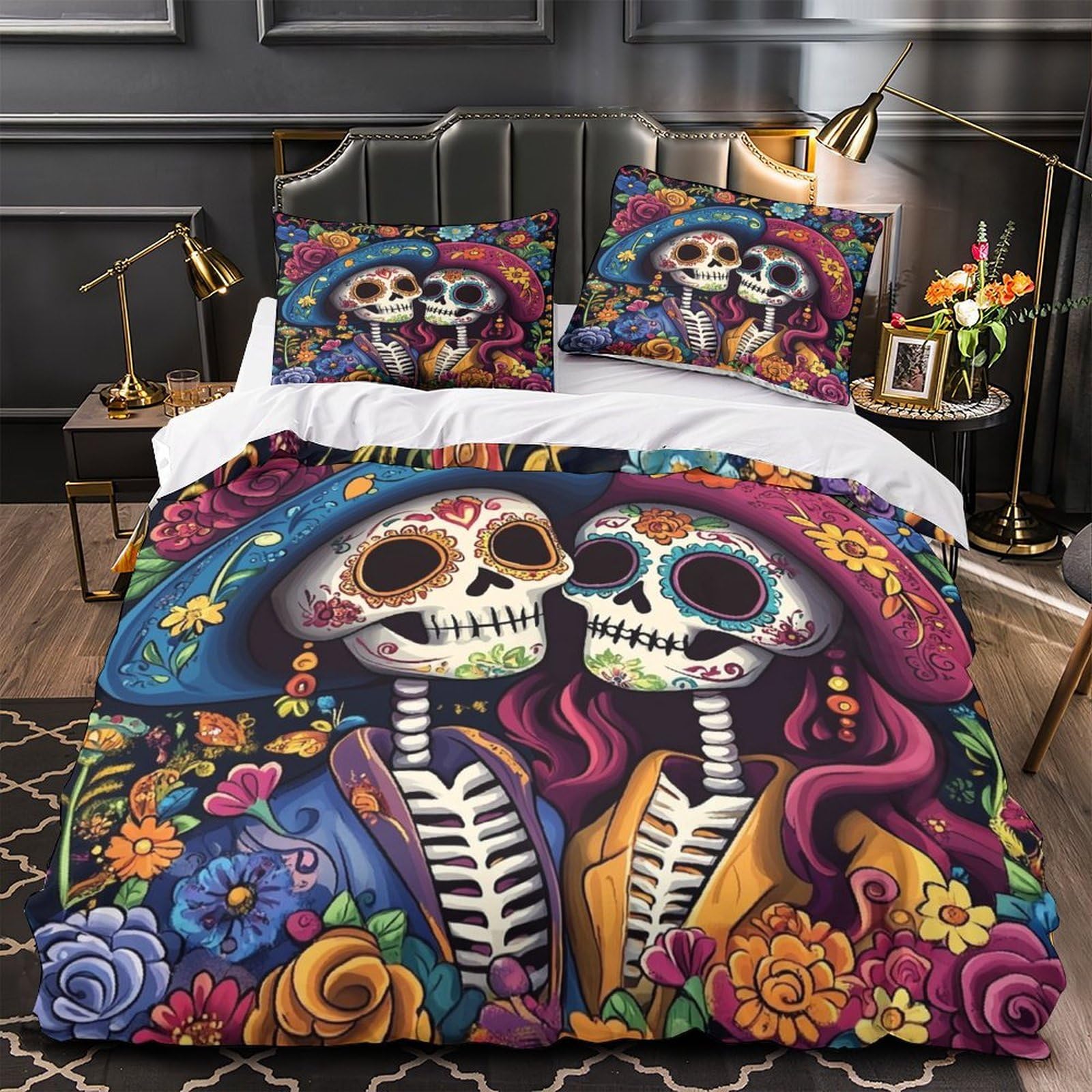 Parure de lit Skeleton Couple en microfbre 3D motif folk coloré pour lit Super King 260x220cm