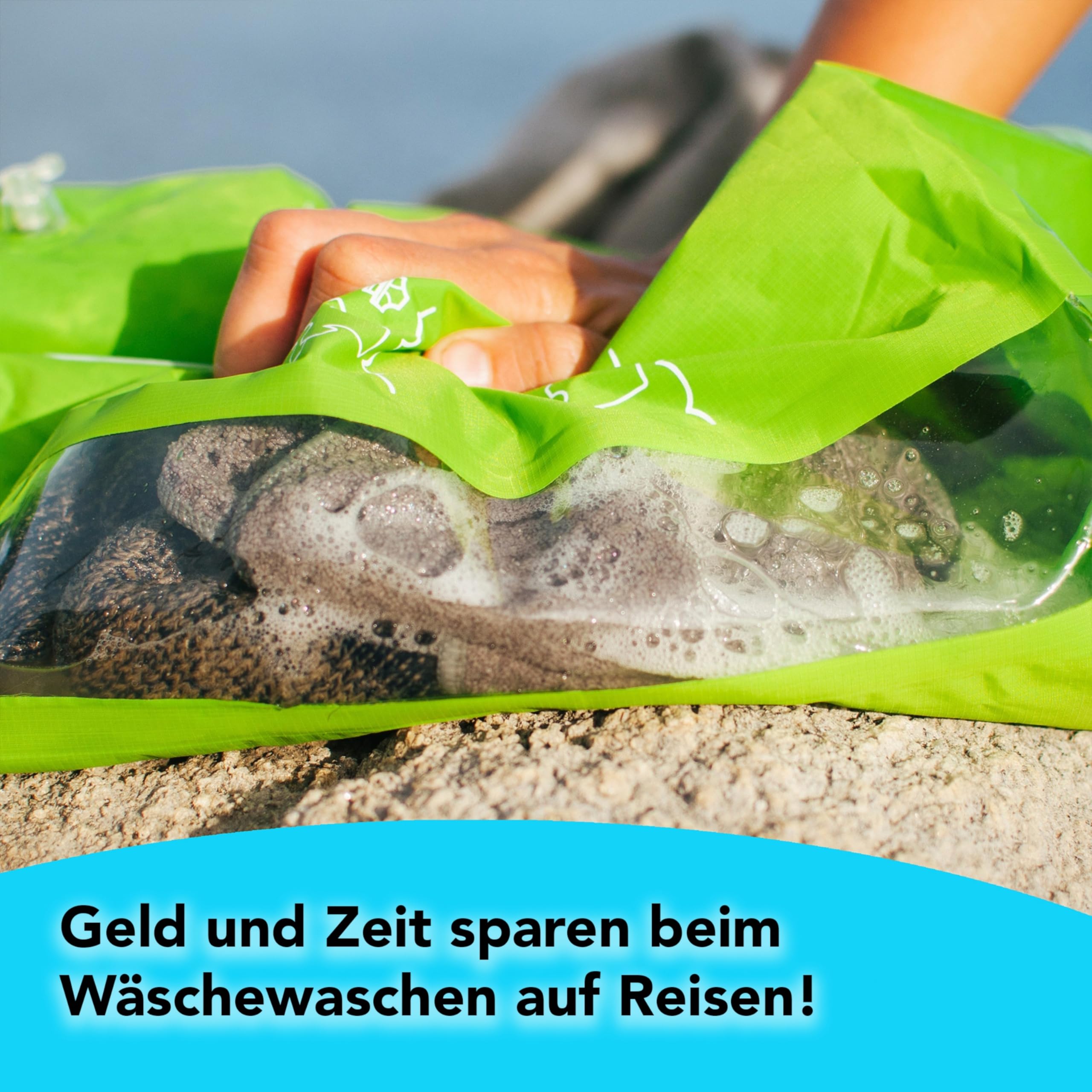 Scrubba Waschbeutel & Trocken-Set – Tragbares Waschsystem mit XL Handtuch, Wäscheleine & Haken – Für Camping, Reisen, Hostels & Hotels – Leicht & kompakt – Mobile Waschmaschine für unterwegs
