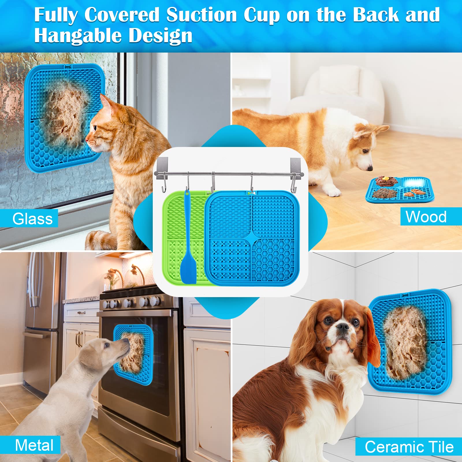 Romon Tappetino Leccare Cane, 2PCS 20x20cm Cane Pad Leccare con Spatola Silicone, Senza BPA Tappetini Leccare Cani con Ventosa, Lick Mat per Bagno Toelettatura Addestramento Curarlo (Blu+Verde)