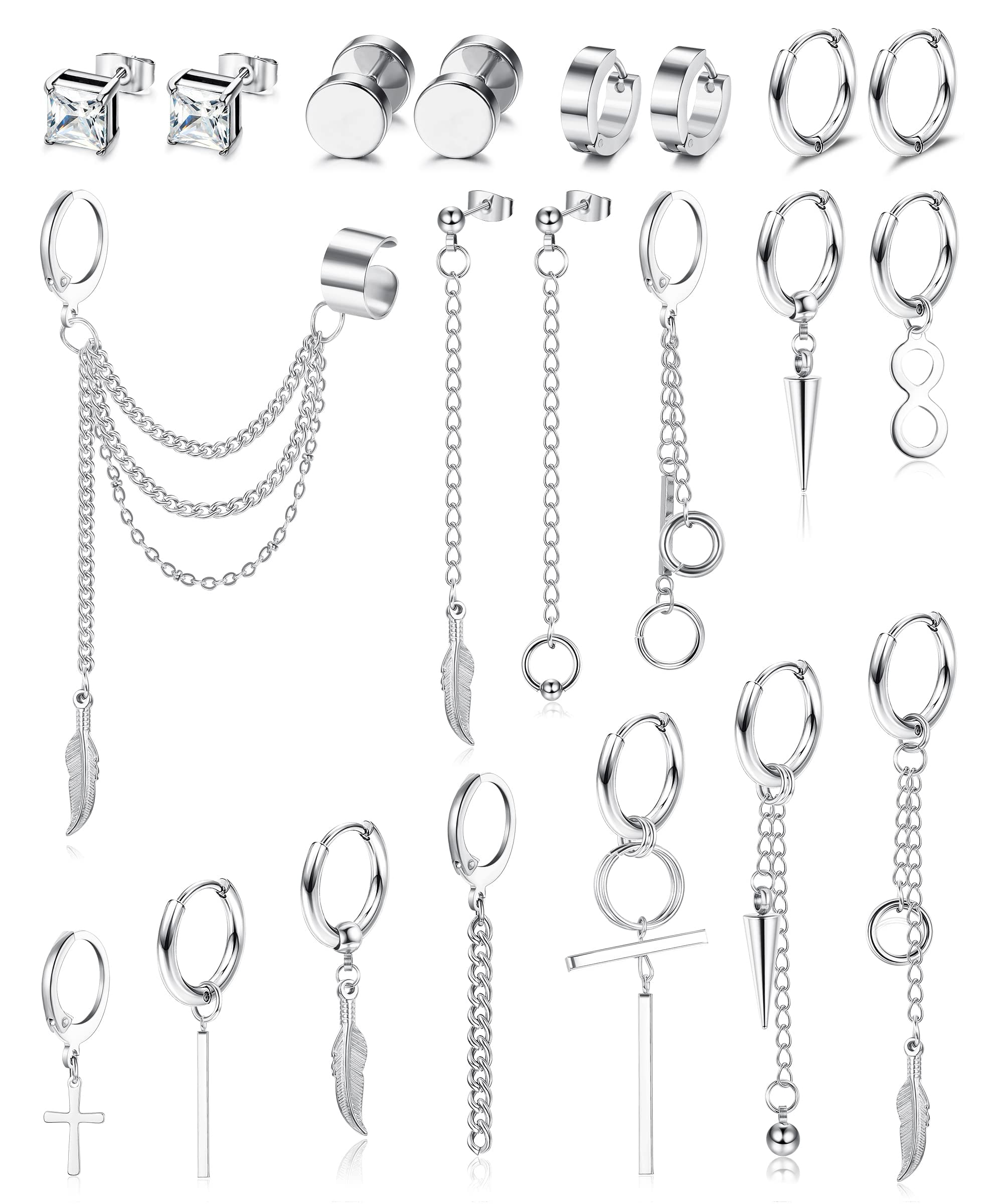 LOLIAS 21 Piezas Acero Inoxidable Pendientes para Hombres y Mujeres Pendientes Colgantes de Plumas Cruzadas Cadena Fresca Pendientes Kpop Punk Oro Plata Negro