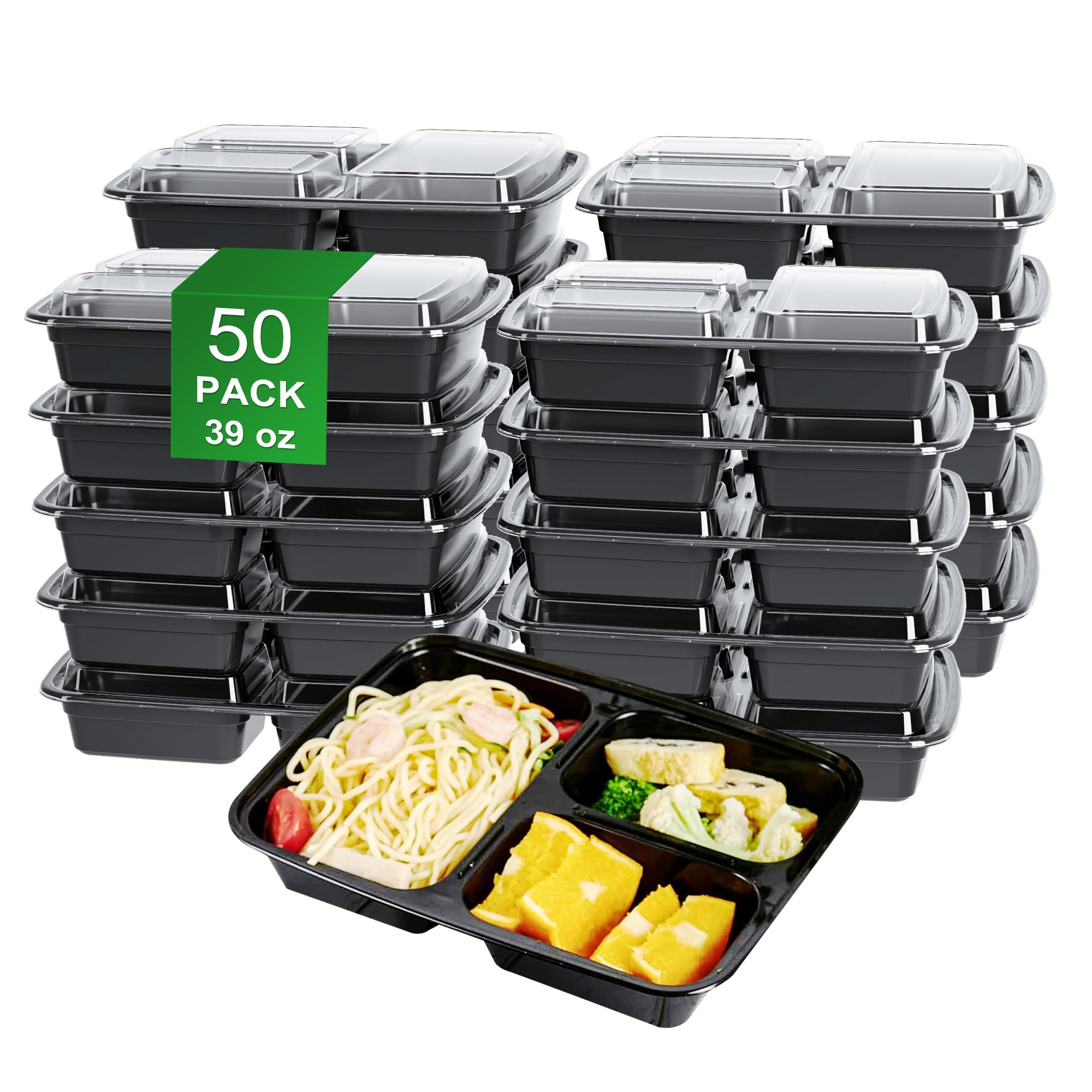 Meal Prep Containers 50 Pack - 39oz 3-Compartment Disposable Take Out Food Storage Containers with Leakproof Lids, BPA Free Plastic To Go Lunch Boxes, Microwave/Dishwasher/Freezer Safe