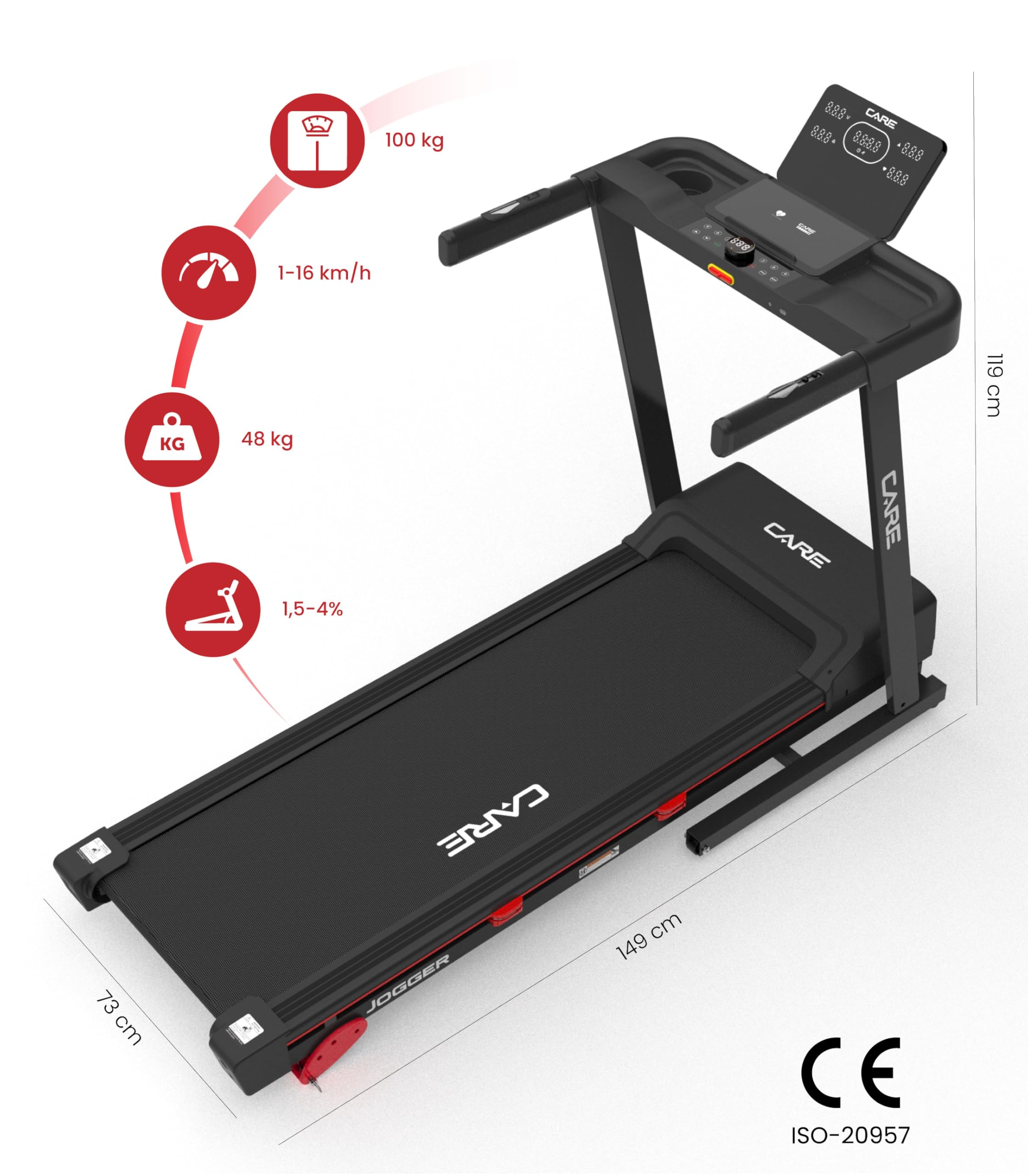 Care Fitness - Tapis de Course Connecté - 16 KM/H - Care - Jogger - KinoMap - 28 Programmes Intégrés - Écran - Moteur Silencieux 1.5/2.5 CV - Inclinaison Manuelle - 3 Positions