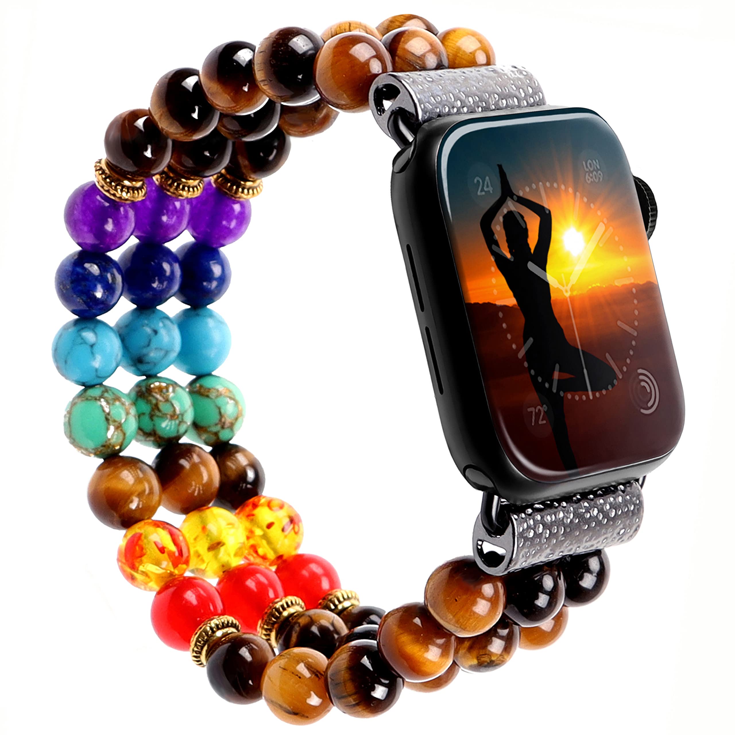 Casililor 7 Chakra Bracelet Tiger Eye Beaded Band Compatible with Apple Watch 8 7 6 5 4 3 2 1 SE iWatch 38mm 40mm 42mm 44mm with Stainless Steel Adapter