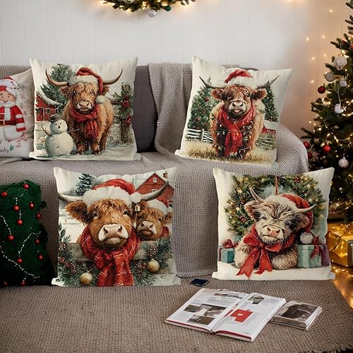 Miniatura 5 de Juego de 4 fundas de almohada de Navidad con diseño de vaca de las tierras altas, estilo campestre, vintage, para el hogar, sofá, sala de estar,