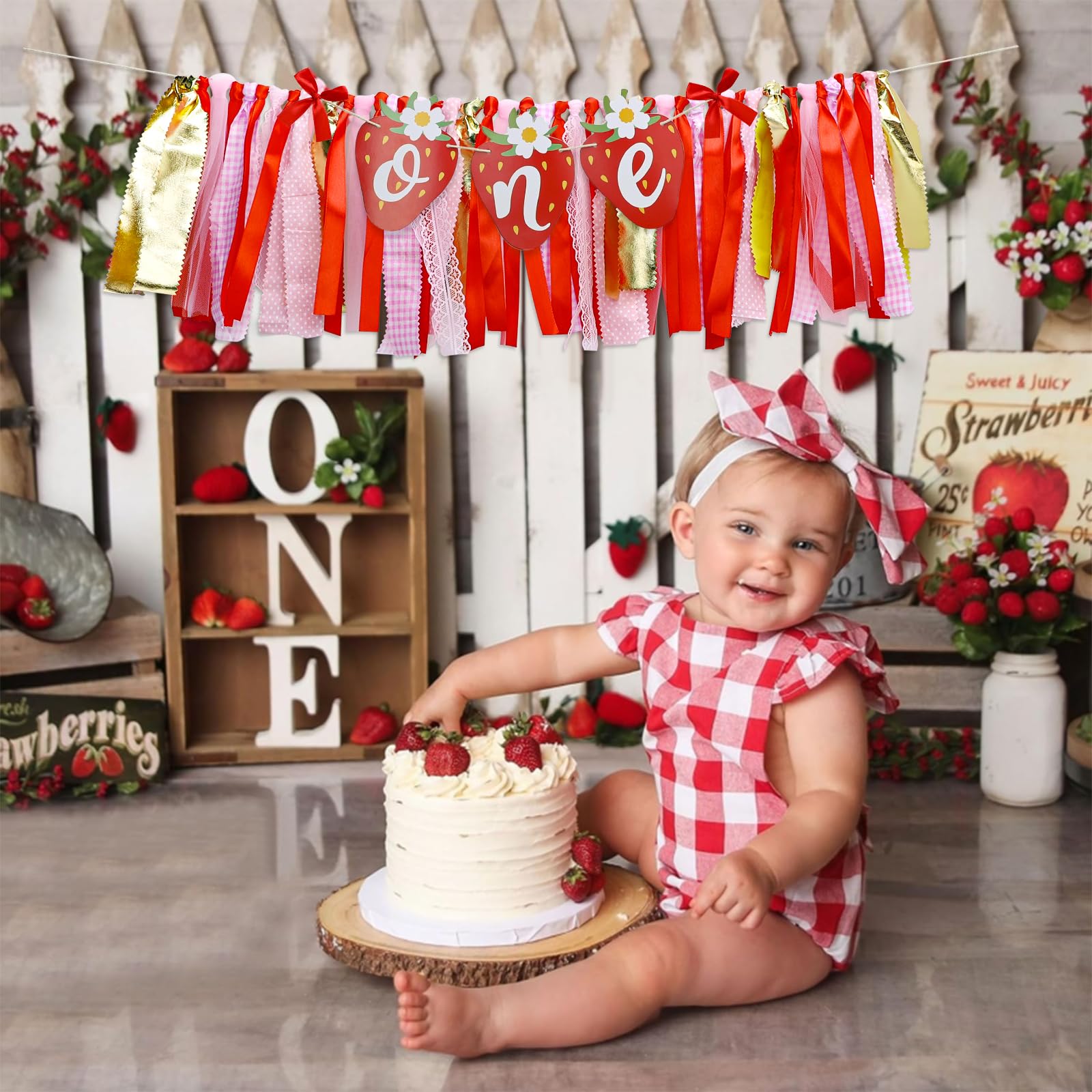 Strawberry First Birthday High Chair Banner Decor - 80 Inch With Hooks For Photo Booth