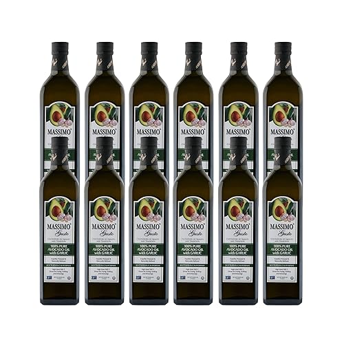 Massimo Gusto - Aceite de aguacate con ajo - Botella de vidrio de 1 litro 338 onzas líquidas paquete de 12