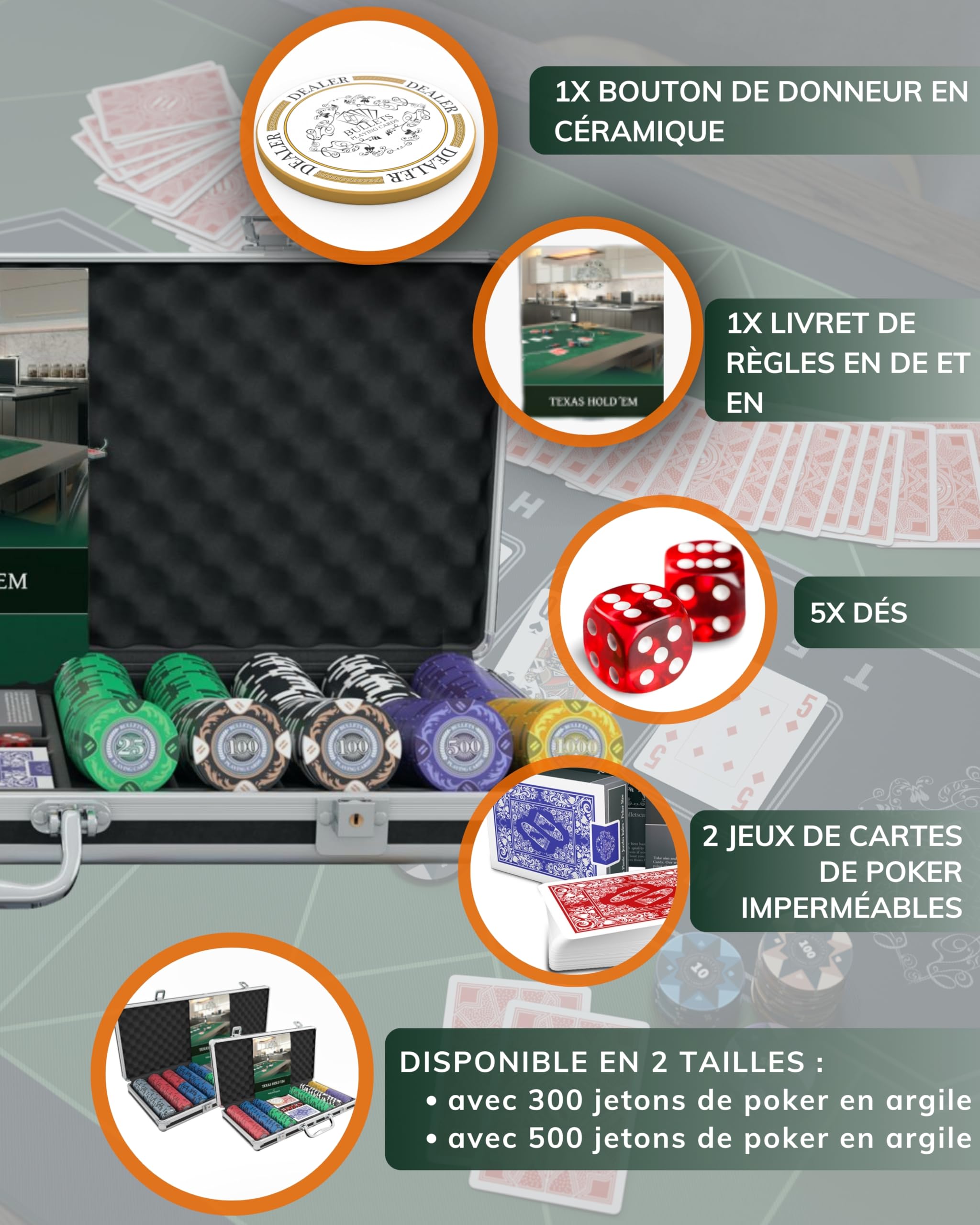 Image secondaire de Bullets Playing Cards, Mallette de Poker «Tony», 500 jetons en Argile, 2 Jeux de Cartes Bleu et Rouge, 5 dés, 1 Bouton Dealer en