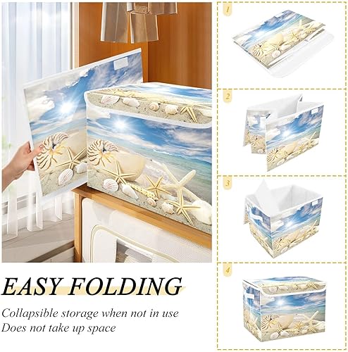 Miniatura 3 de DIGTIA Contenedores de almacenamiento de concha de mar con tapas grandes y plegables con asas, maravillosa caja de almacenamiento plegable de tela