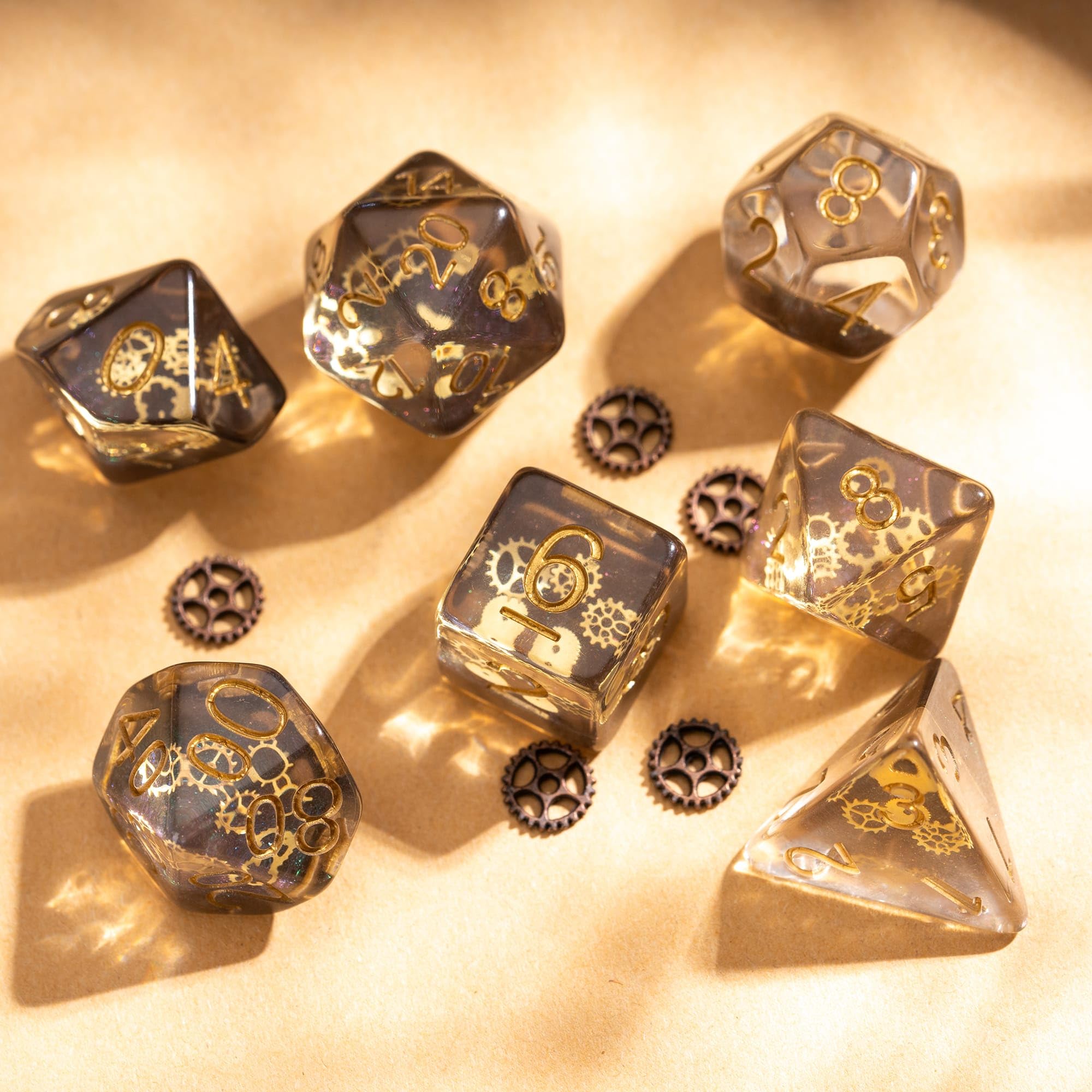 cusdie Set di 7 dadi poliedrici con ingranaggi, per giochi di ruolo, Dungeons and Dragons, D&D (galassia)
