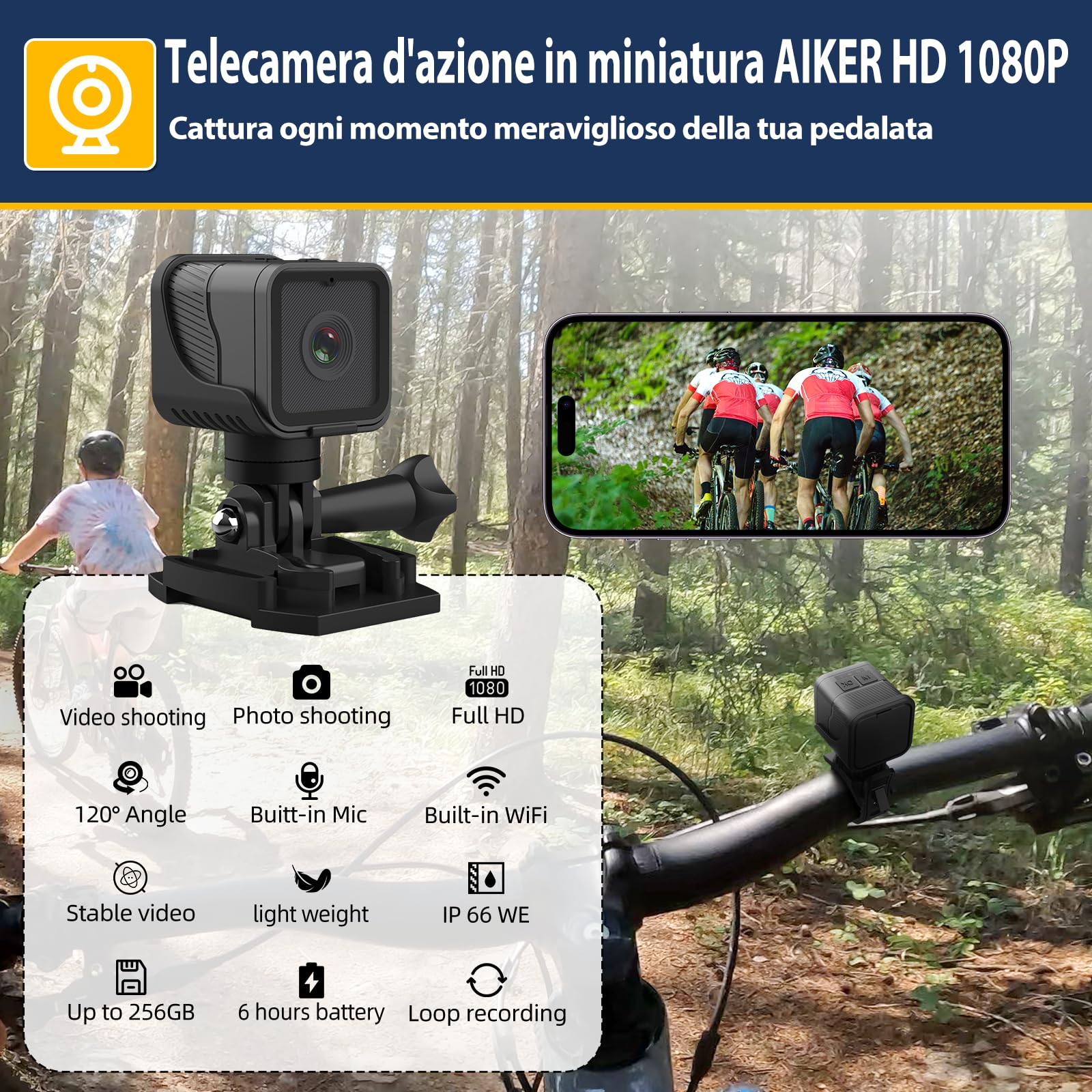 AIKER Dash Cam Moto Mini WiFi Action Cam IP66 1080PHD 120° Regolazione Automatica 64GB
