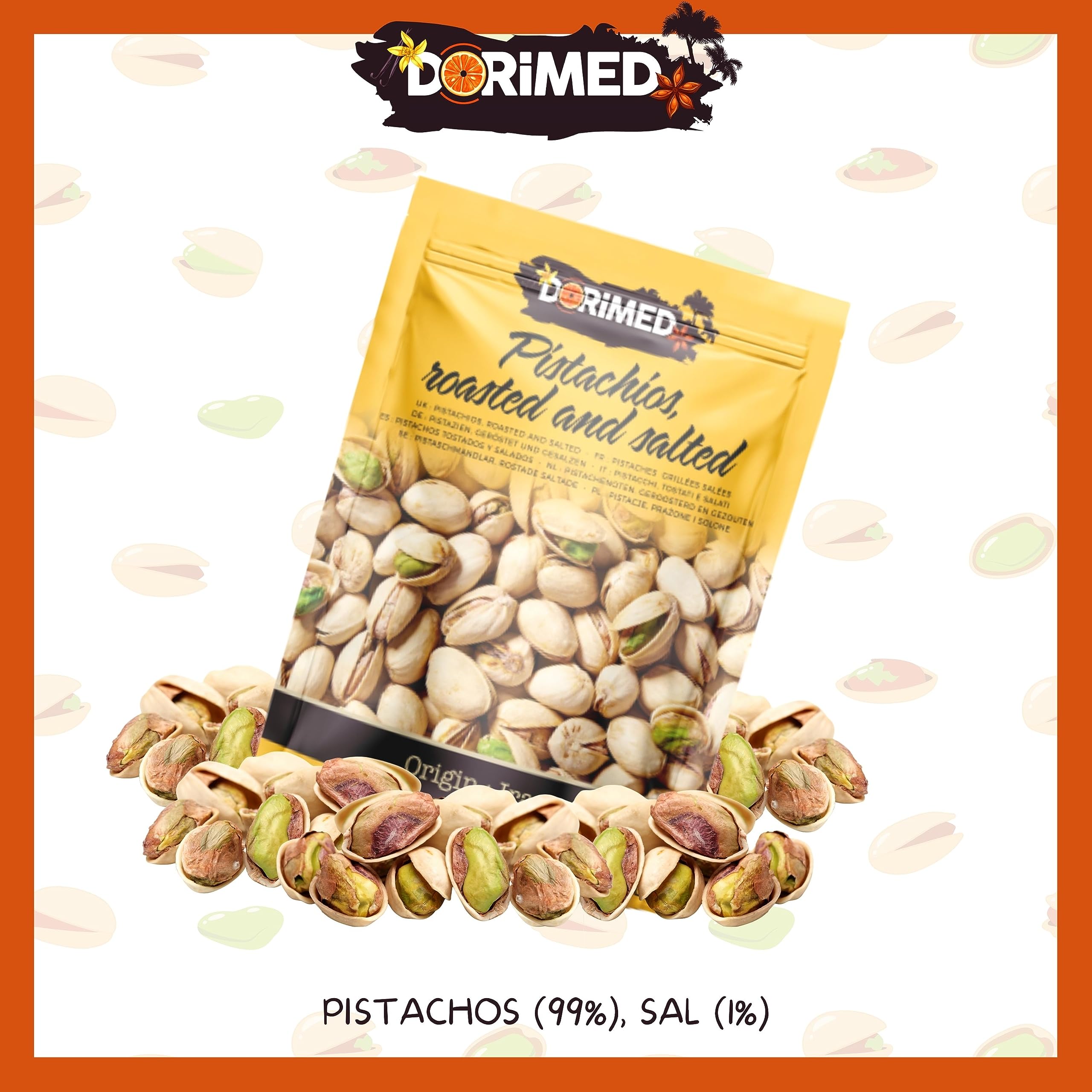 Pistachos Secos y Enteros | 1 Kg de Nueces de Pistacho con Cáscara | Frutos Secos Asados y Salados | Libre de Transgénicos (GMO free) | Veganos y Vegetarianos | No Tostados | Dorimed