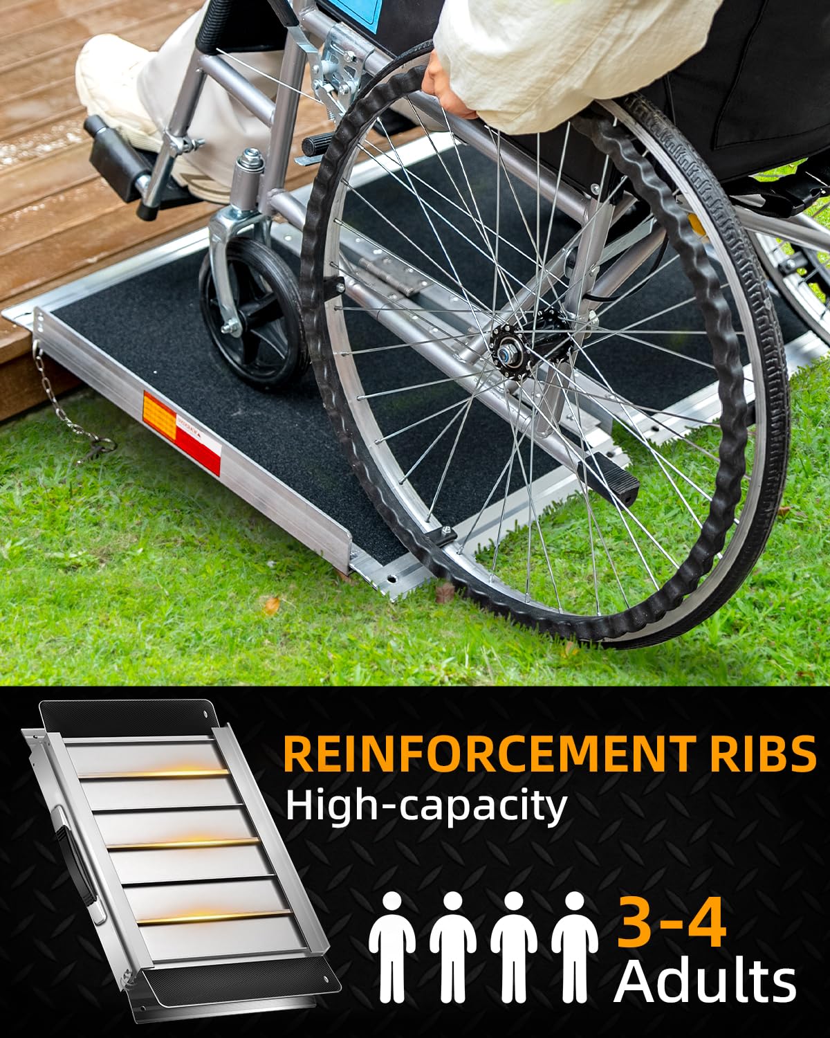 Rollstuhlrampe 61CM, Belastbar bis 363KG, rutschfeste Aluminium Klappbar Rollstuhl Rampe mit Carborundum Belag für Stufen, Türschwelle, Bordsteine, Treppen und Autos