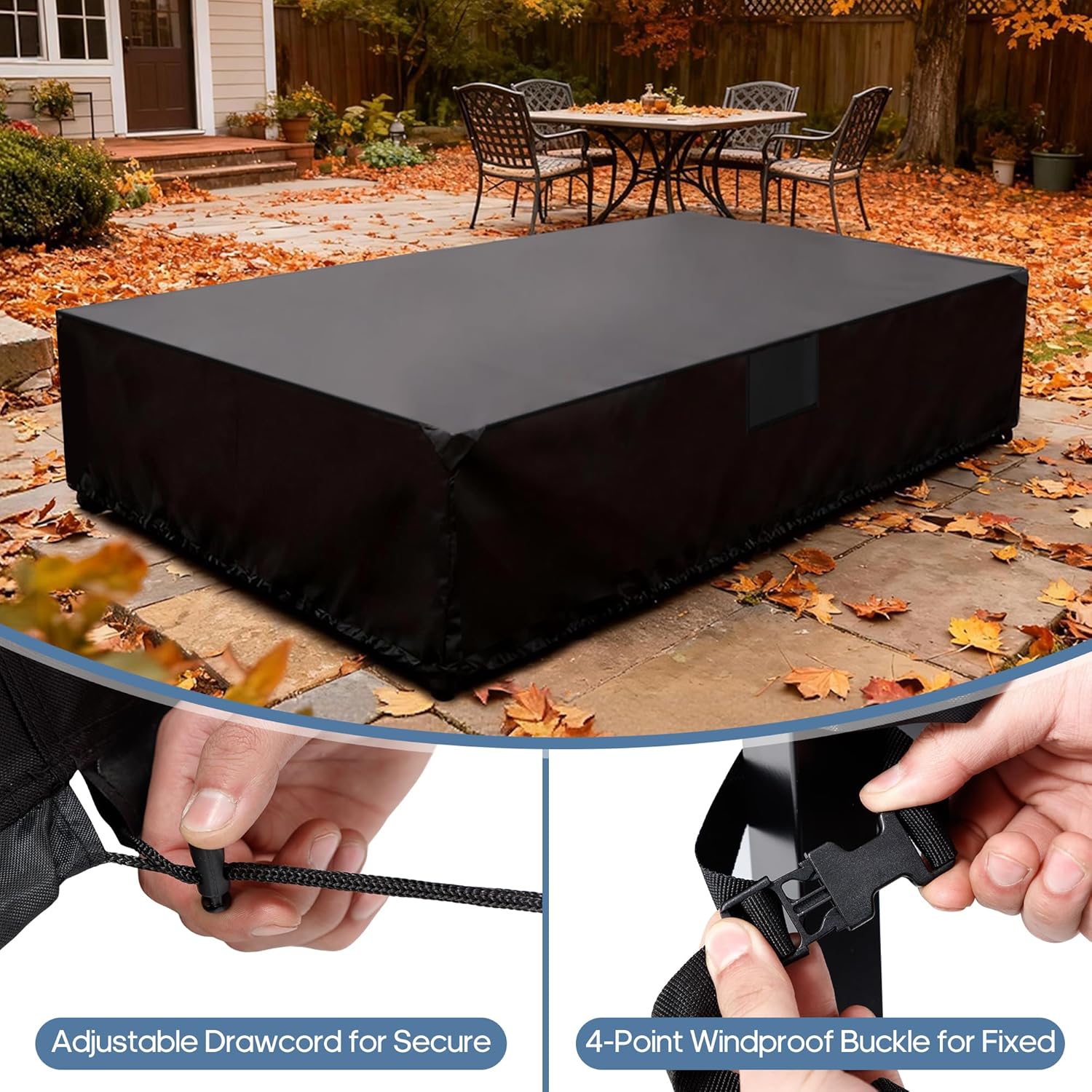 DUMOS Patio Furniture Cover, Rectangular Heavy Duty 600D Waterproof & UV Resistant Outdoor Covers for Dining Table, Chairs and Furniture Sets, 126"L x 63"W x 29"H, Black - Image 3
