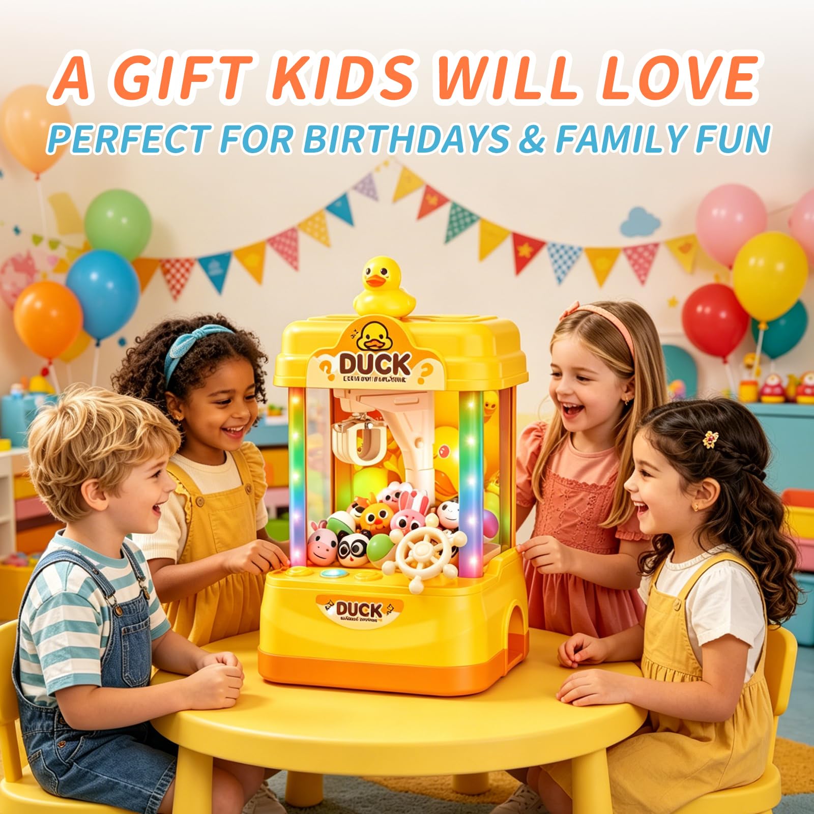 Macchina a forma di artiglio d'anatra per bambini, distributore automatico di giocattoli con premi in peluche, età 3+ | Grande gioco a premi arcade da 33 cm con luci, musica, capsule e comandi facili per feste di compleanno e giochi in famiglia.