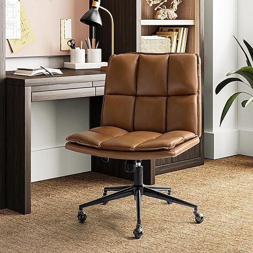 HULALA HOME Modern Faux Leather Home Office Chair with Tilt Lock & Metal Base, Armless Criss Cross Legged Desk Chair with Wheels & Padded Cushion,