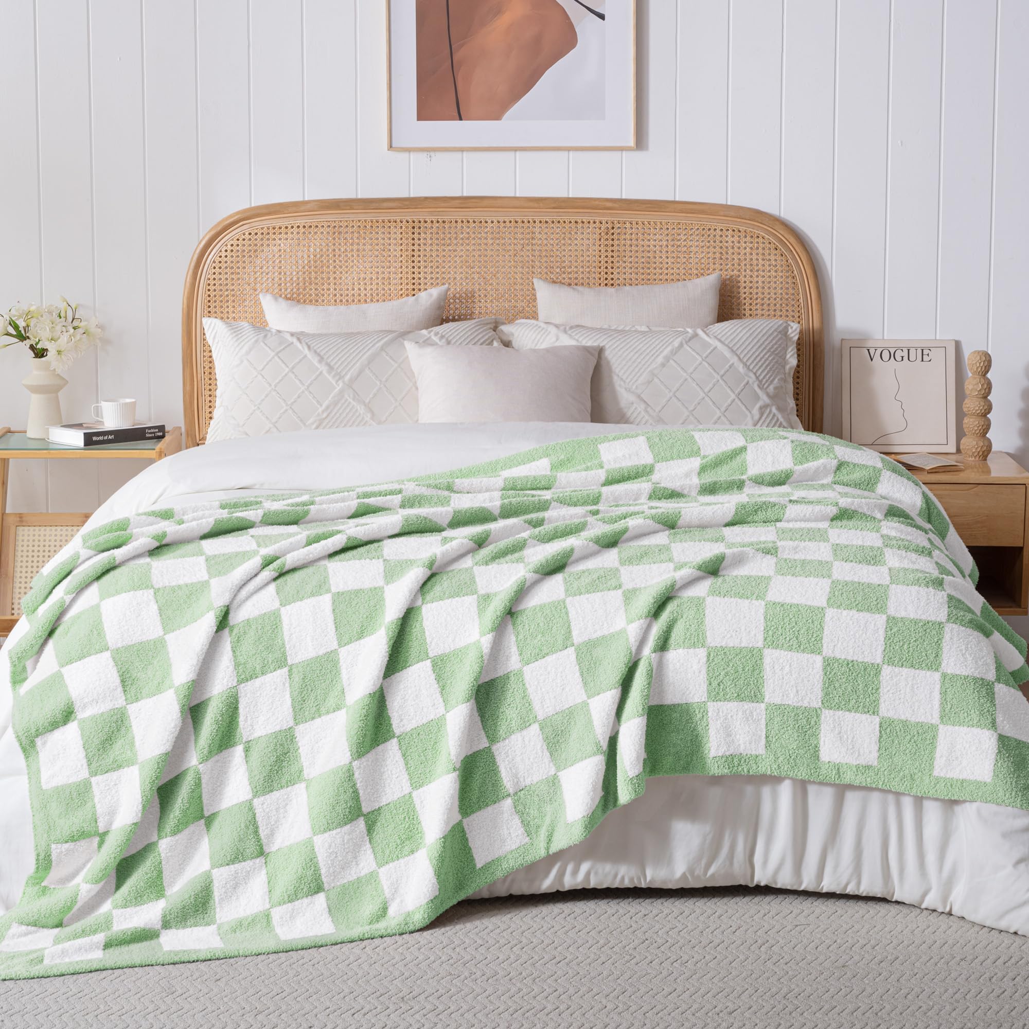 Exclusivo Mezcla Karierte Decke, Weiche Gestrickte Kuscheldecke, Kuschelige Karo Fleecedecke, Leichte Flauschige Decke für Sofa und Bett, 220x240 cm, Salbeigrün