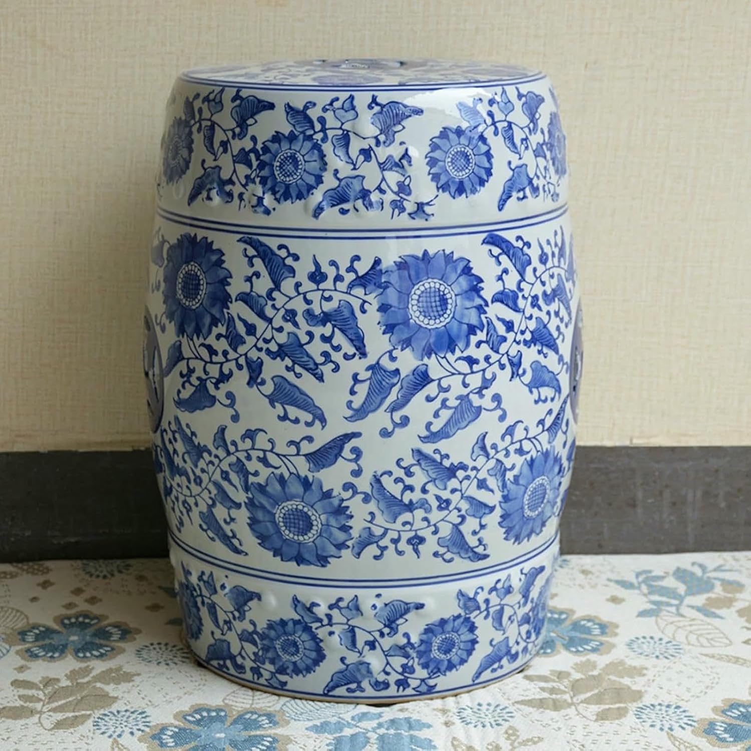 Decorative Ceramic Garden Stool - Outdoor Glazed Hollow Imitation Blue & White Porcelain Drum Side Table,Chinese Ceramic Drum Stool