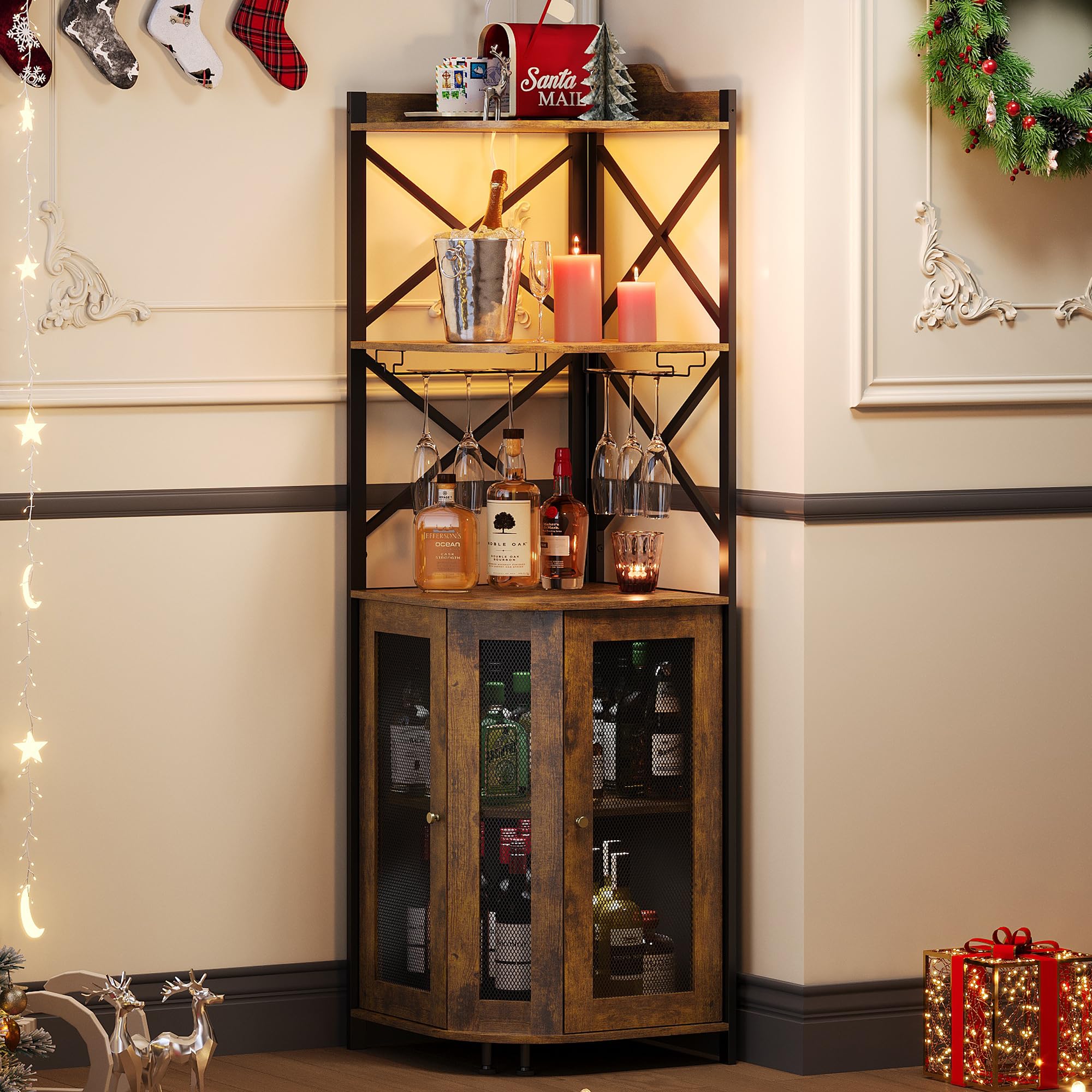 JKsmart Corner Bar Cabinet with LED Lights, 5-Tier Industrial Wine Bar Cabinet with Glass Holder, Farmhouse Liquor Cabinets with Shelf and Door, Home Bar for Coffee Bars, Rustic Brown