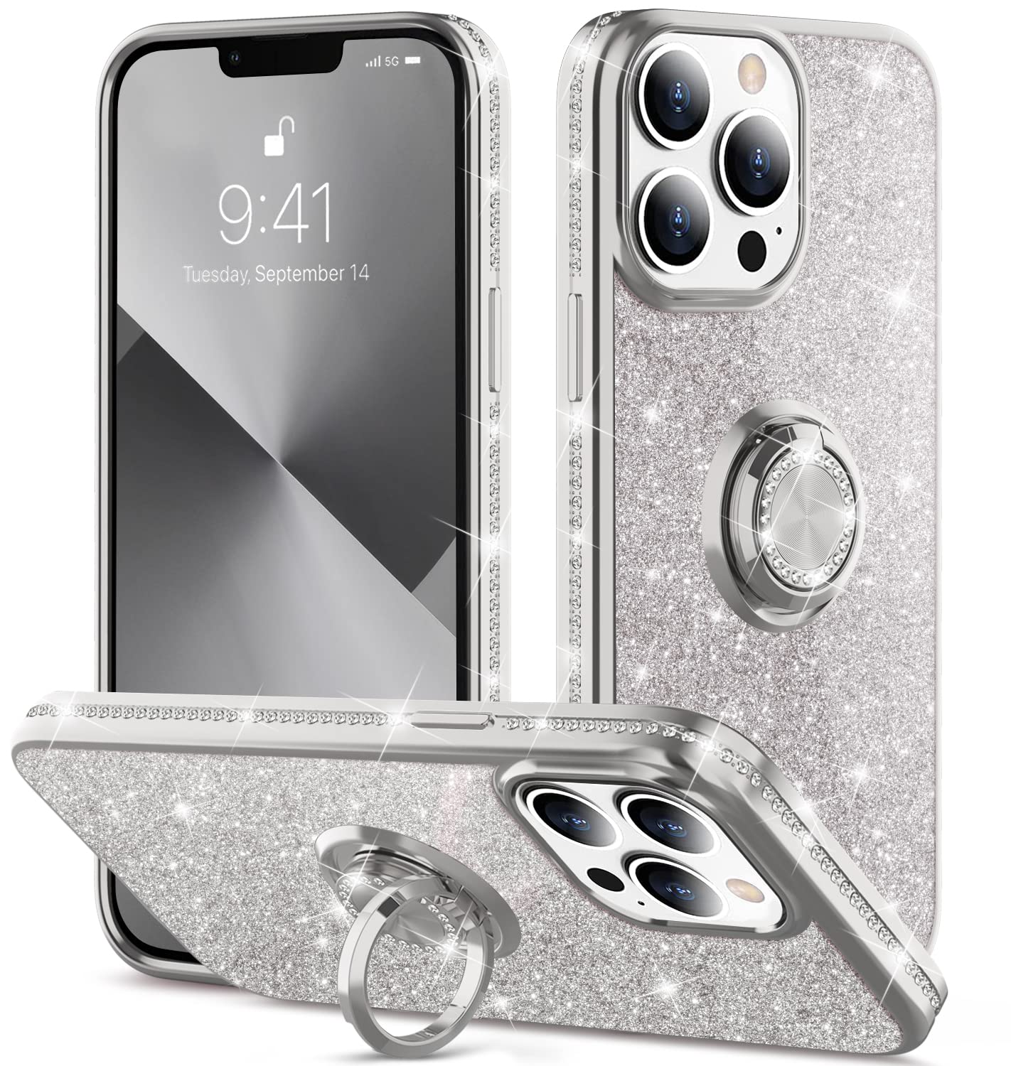 LOVE 3000 Designed for iPhone 12 Case and iPhone 12 Pro Case, with [Ring Kickstand] Cute Glitter Sparkle Bling Diamond Rhinestone Full Body Protective Case for Women, Silver