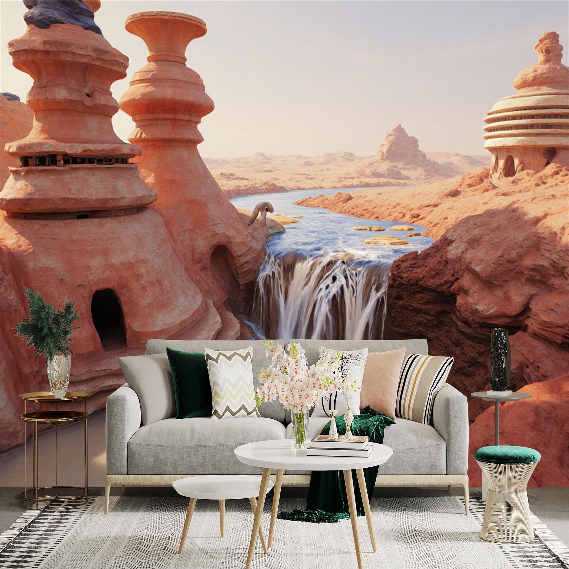 Lnzczhyre Xc260505749 Custom Size Wall Sticker Mural， Red Sandstone Canyon， Surreal Desert Oasis， Scenic Waterfall， Ancient Rock Architecture， For Wall Decoration， Peelandstick Wall Decals.