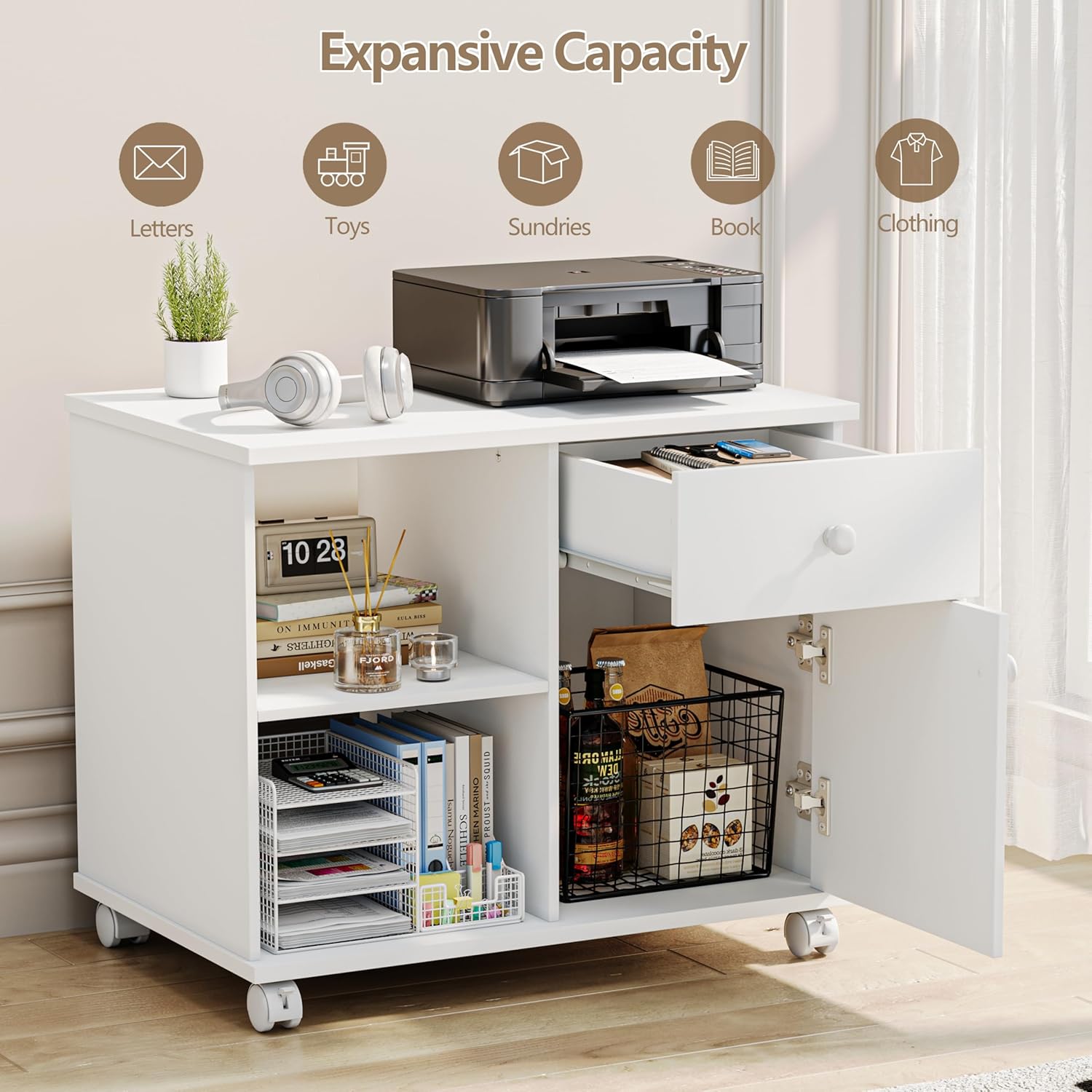 Rolling File Cabinet Mobile Filing Cabinets with Doors Adjustable Shelves Lateral Printer Stand with Drawer for Office Supplies Mobile Filing Cabinet White