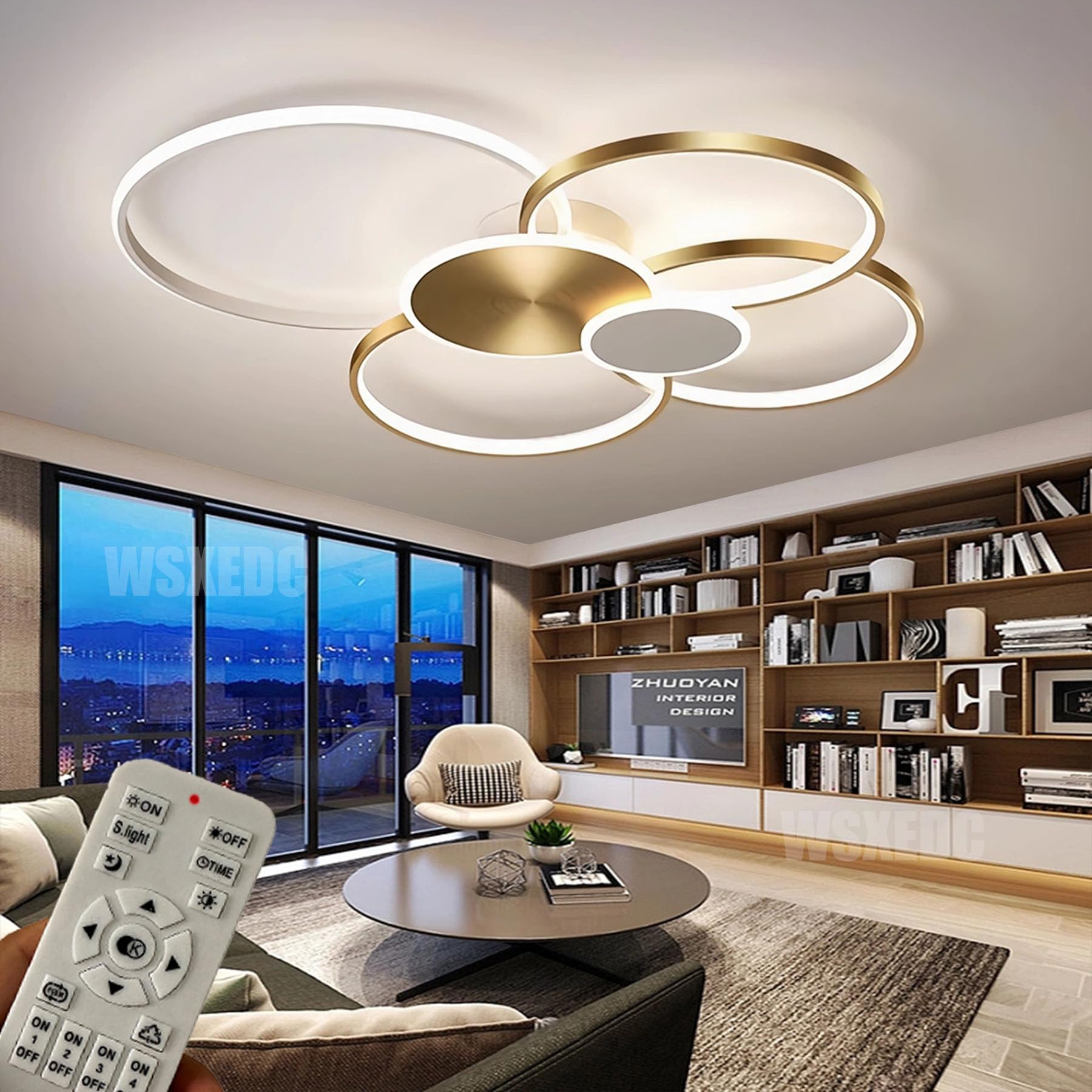 WSXEDC Dimmable LED 6 Ring Living Room Light LED Ceiling Light Modern White Gold Creative Ceiling Lighting Interior Ceiling Spots Eye Care for Bedroom Office Dining Room Youth Room L100cm 93W