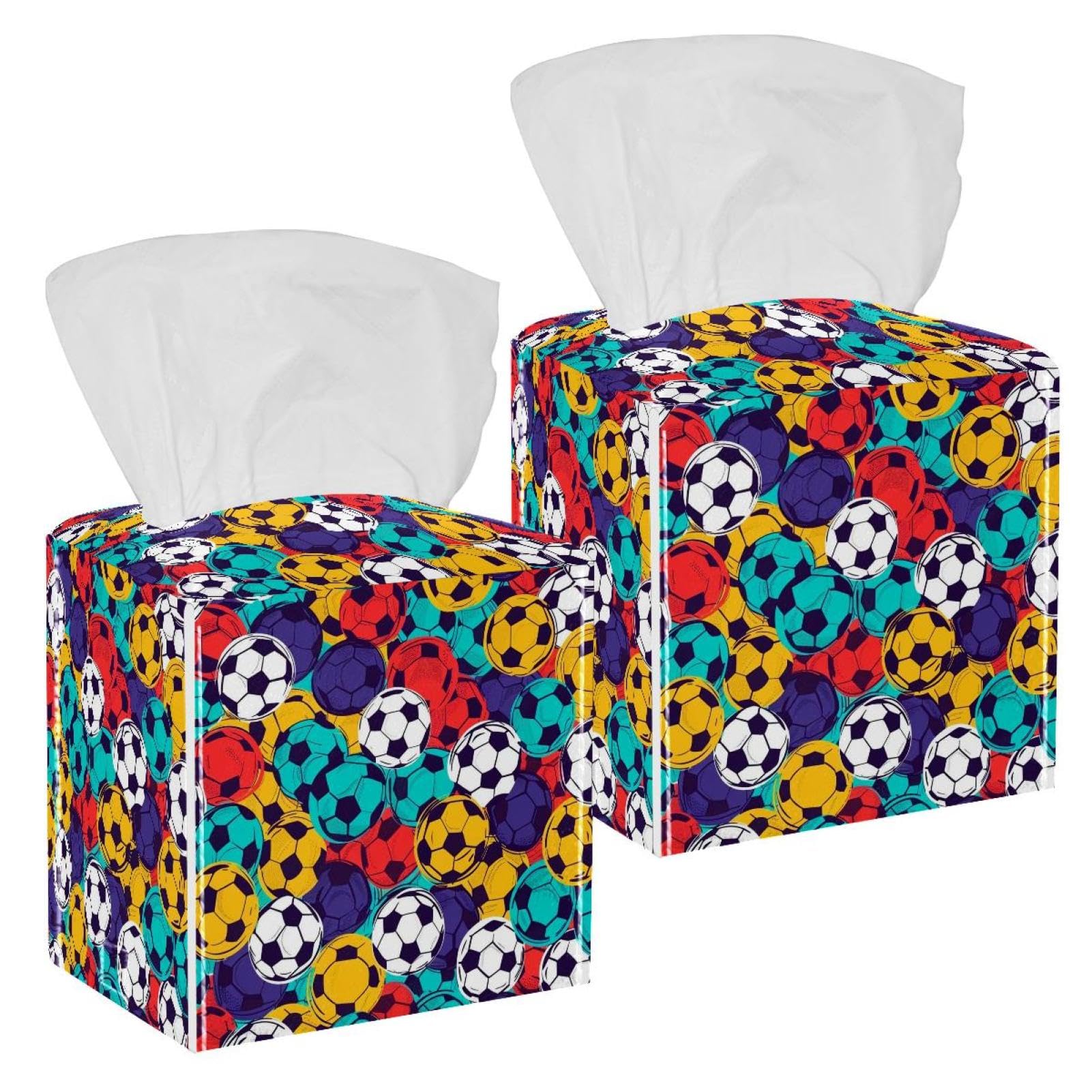 Colorful Soccer Tissue Box Cover, 2 Pack PU Leather Square Facial Tissue Dispenser Box holder for Home Office Car