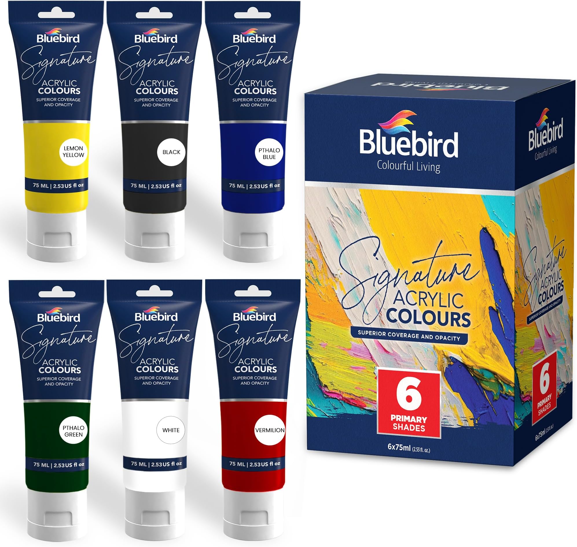 BLUEBIRD Signature Acrylic Paint Set, Primary Colors, 6-Pack 75ML each, Professional Acrylic Paints For Professionals, Adults, & Artists