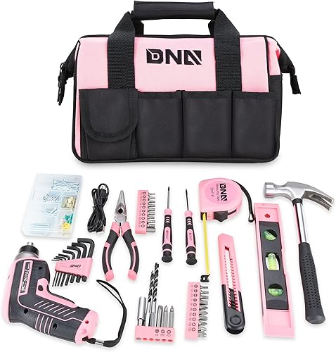 DNA MOTORING Juego de herramientas rosadas de 44 piezas, destornillador inalámbrico y kit de herramientas para el hogar con bolsa de almacenamiento