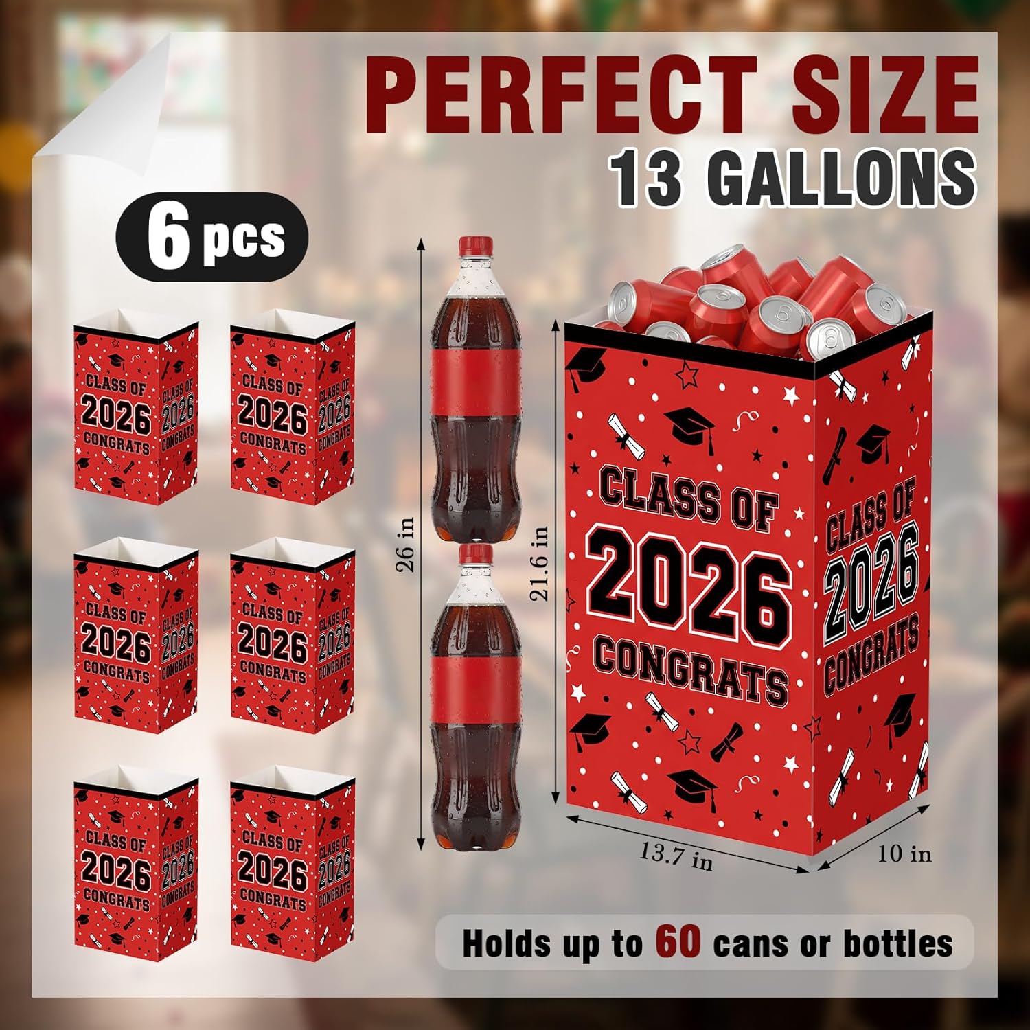 Tinlade 6 Pack 2026 Red and Black Graduation Decorations 13 Gallon Disposable Trash Cans Class of 2026 Party Garbage Bins, Large Waterproof Foldable Recycle Pop up Bins for Graduation Party, School