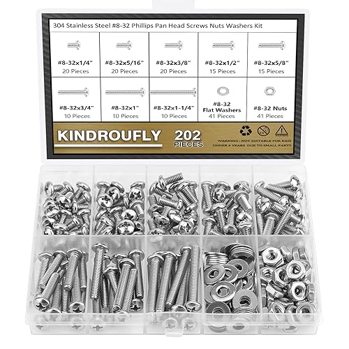 Juego de 202 piezas #8-32x 14", 516", 38", 12", 58", 34", 1", 1-14", Tornillos Phillips con cabeza sartén, tuercas y arandelas surtidas, acero