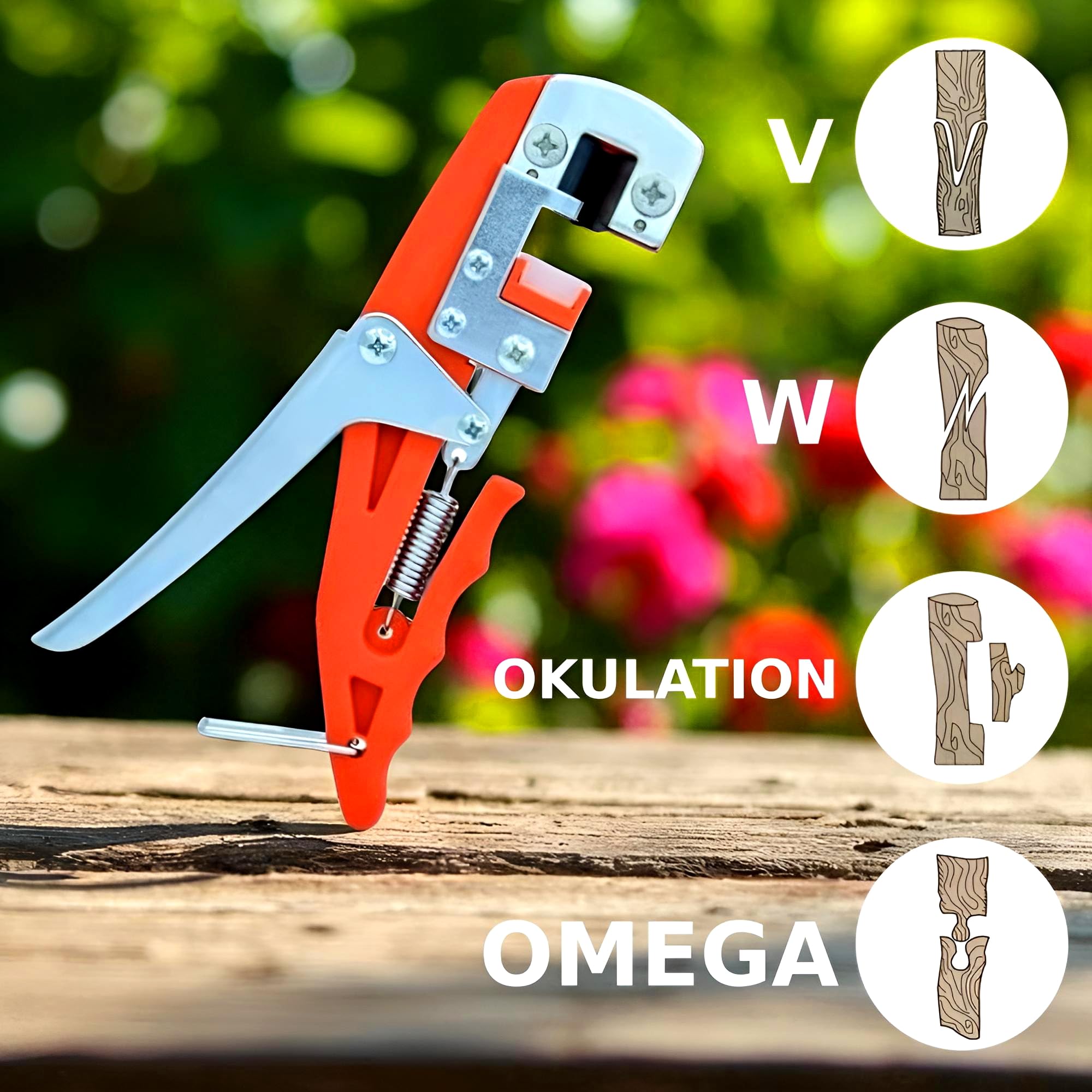 Premium Veredlungsschere mit 5 Messer, Omega V W Okulation, Veredlungsmesser Veredlungszange Gartenschere Rosenschere, 30 Jahre Qualität, Okulier-Schere Messer, Obstbäume Rosen Pflanzen