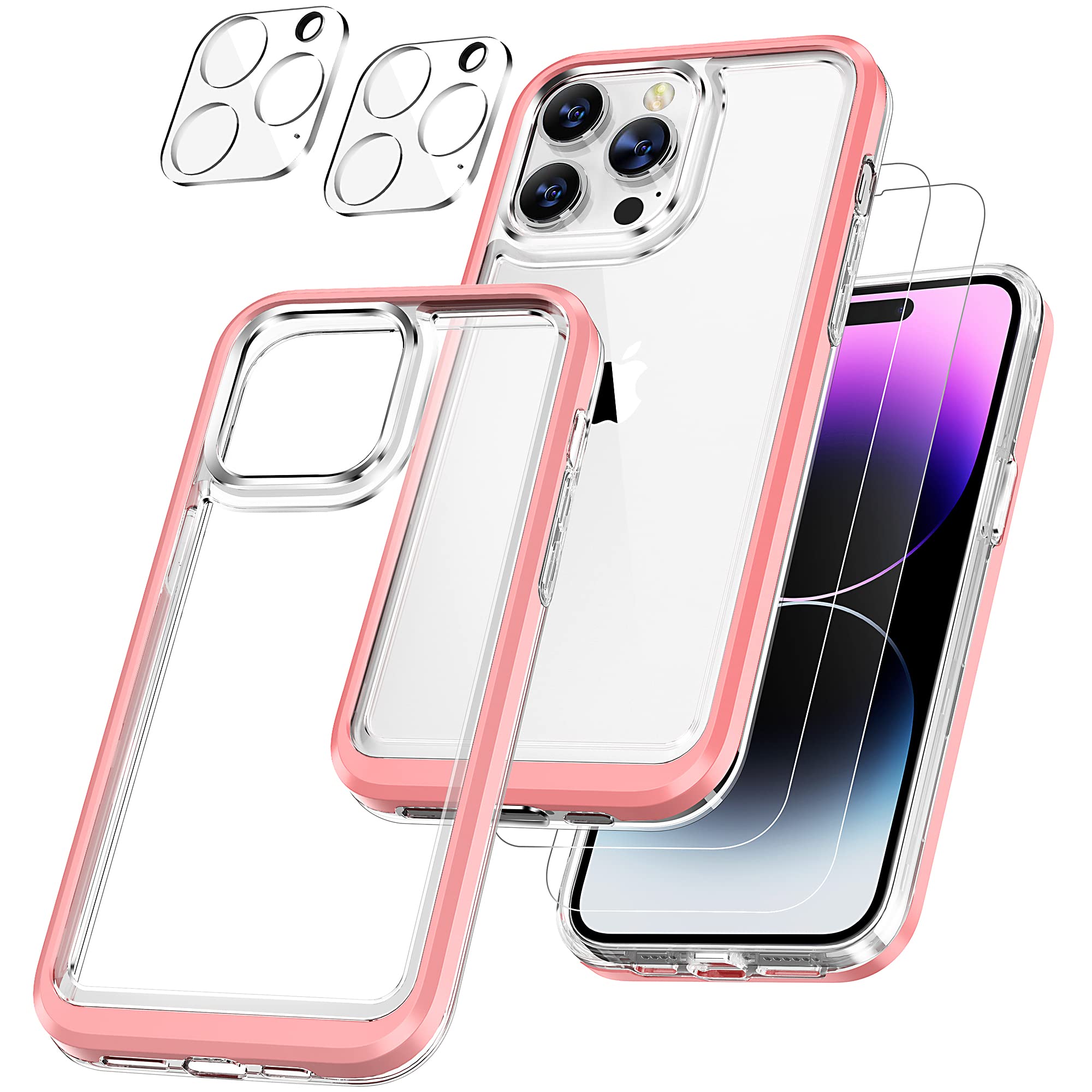 SKYLMW Protective Clear Case for iPhone 14 Pro Max 6.7 Inch [5 in 1] Military Grade Transparent Phone Case with 2pcs Tempered Glass Screen Protectors & 2pcs Camera Protectors Shockproof (Clear Pink)