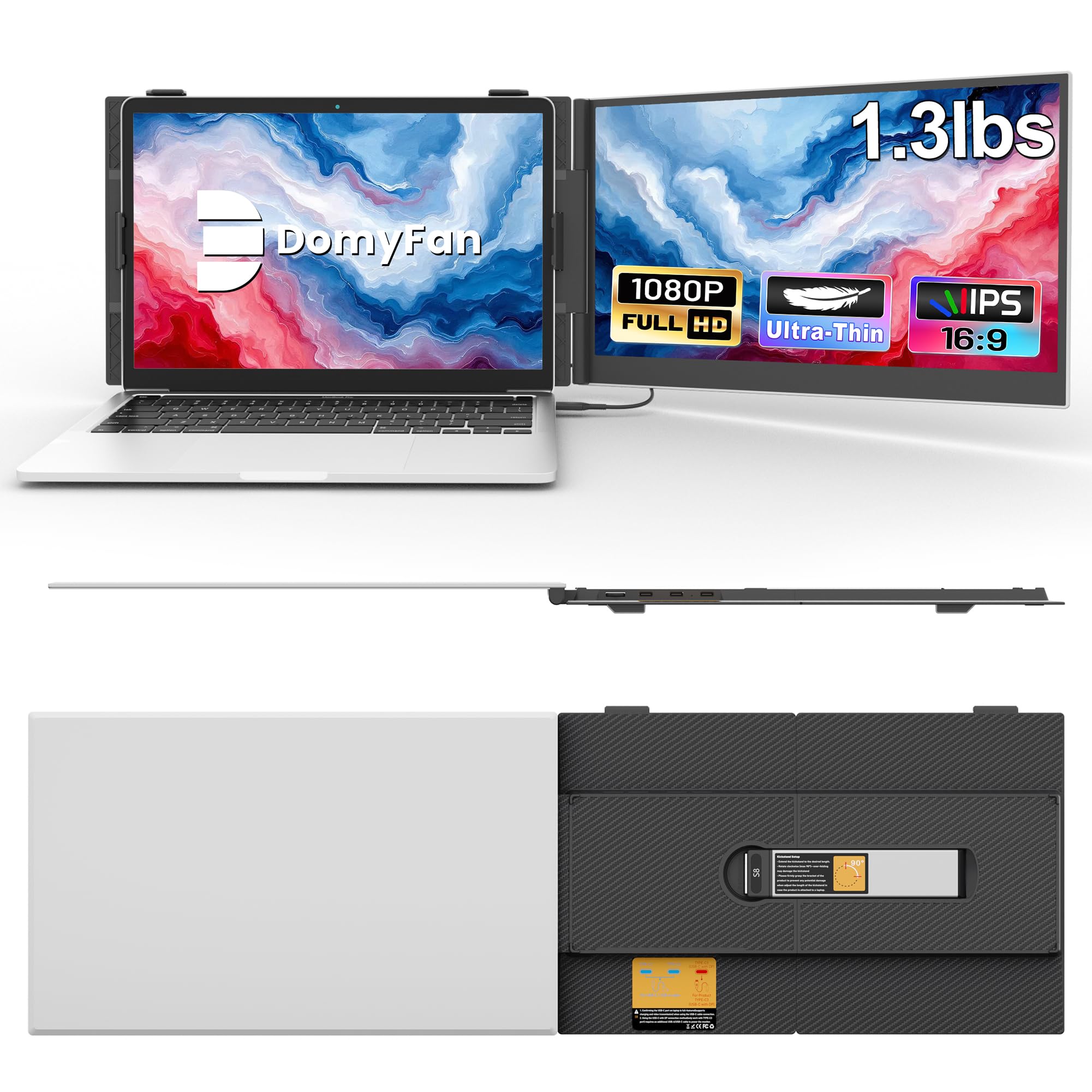 Photo 1 of domyfan 14" Laptop Screen Extender, Ultra-Thin Portable Dual Laptop Monitor Extender with FHD 1080P IPS Display, Plug & Play via HDMI/USB-A/Type-C for 13-17" Laptops, Works with Windows/Mac/Android