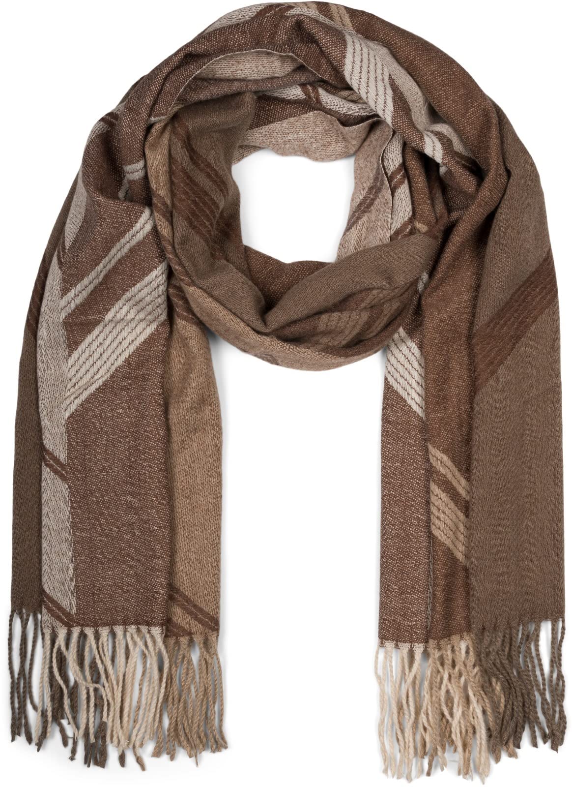 styleBREAKER Ladies Woven Scarf with Geometric Pattern and Fringes, Warm Winter Stole multicoloured 01017150, Colour:Brown-Beige