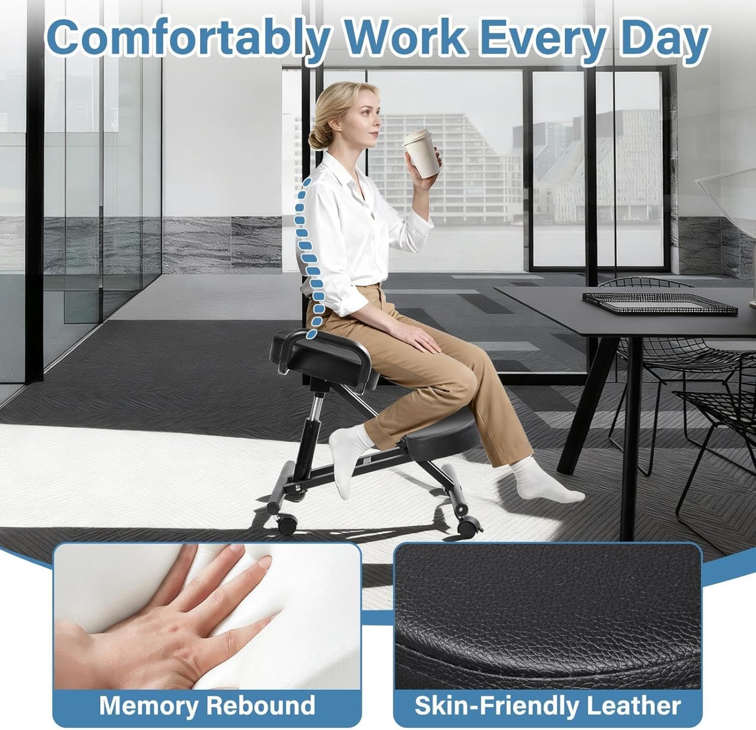 Ergonomic Kneeling Chair Without Backrest, Adjustable Balance Stool with Brake Casters, Improve Sitting Postures, Perfect for Study & Work from Home