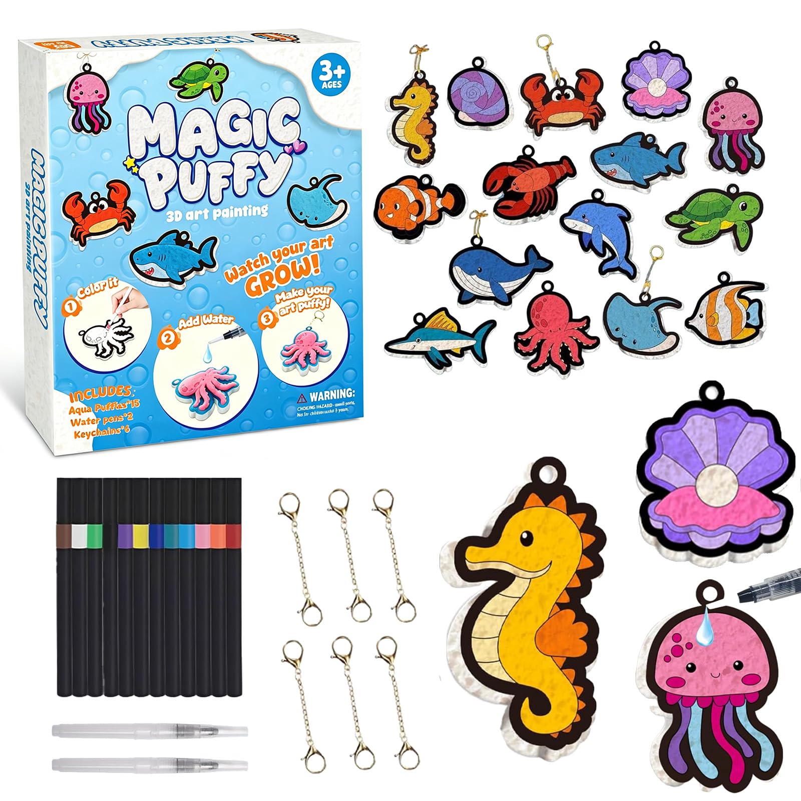 Nixo1nice Magic Puffy Art Kit: 3D Ocean Animals Colour & Inflate Set, Transforms into Toys | Screen-Free STEM Craft for Kids, Mess-Free, 15 Designs, Makes Keyrings, Ideal Gift (Ages 4-8+)