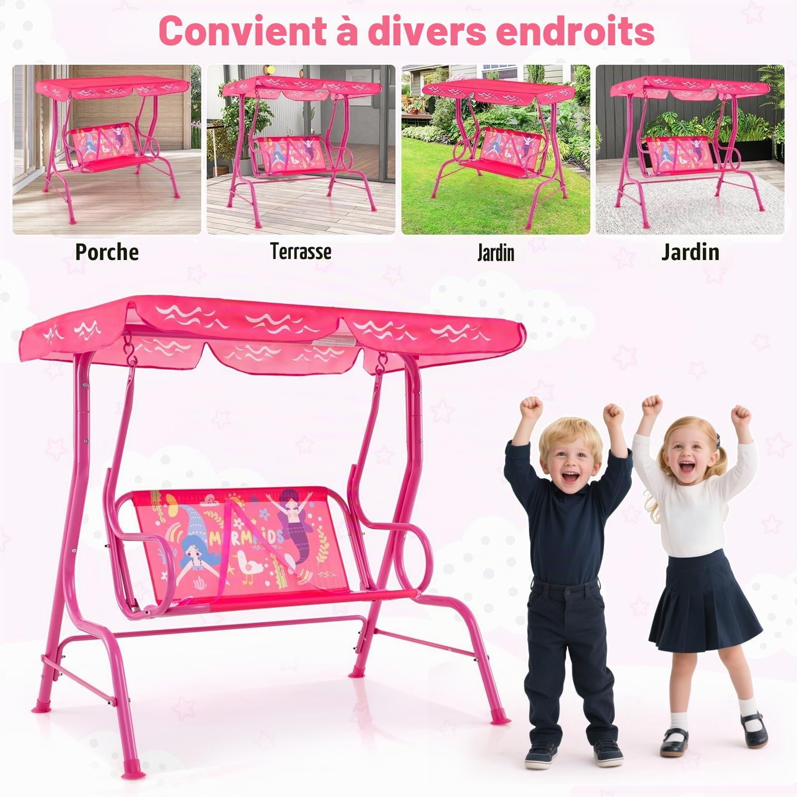 FANTASK Balancelle de Jardin 2 Places, pour Enfants, avec Sangles de sécurité et Toit Pare-Soleil réglable, pour Enfants, Rose