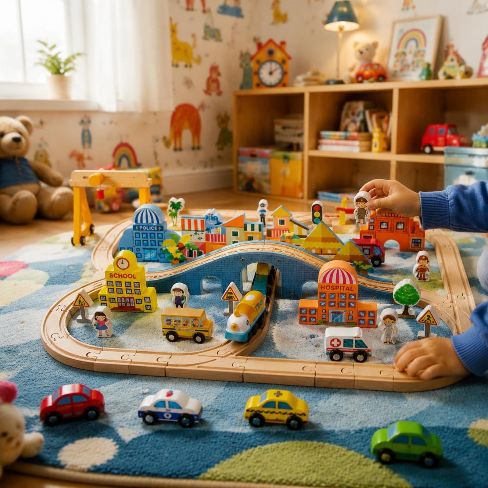 Colcolo Children Building Blocks Treno Giocattolo Binari Legno Città Modulabile con Ponti Segnali Stazione Edifici Figure Legno Resistente con Treno Elettrico