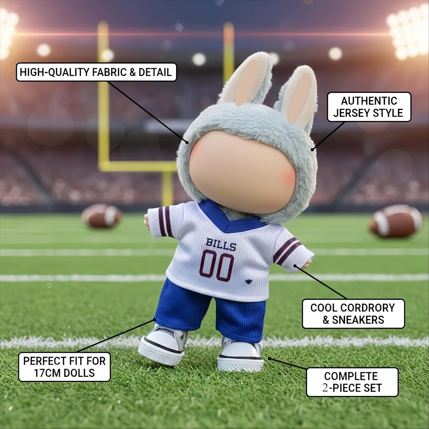 Blue White Soccer Outfit for Labubu 17cm Figure 2 Piece Set Cute Sportswear Doll Clothes Gift