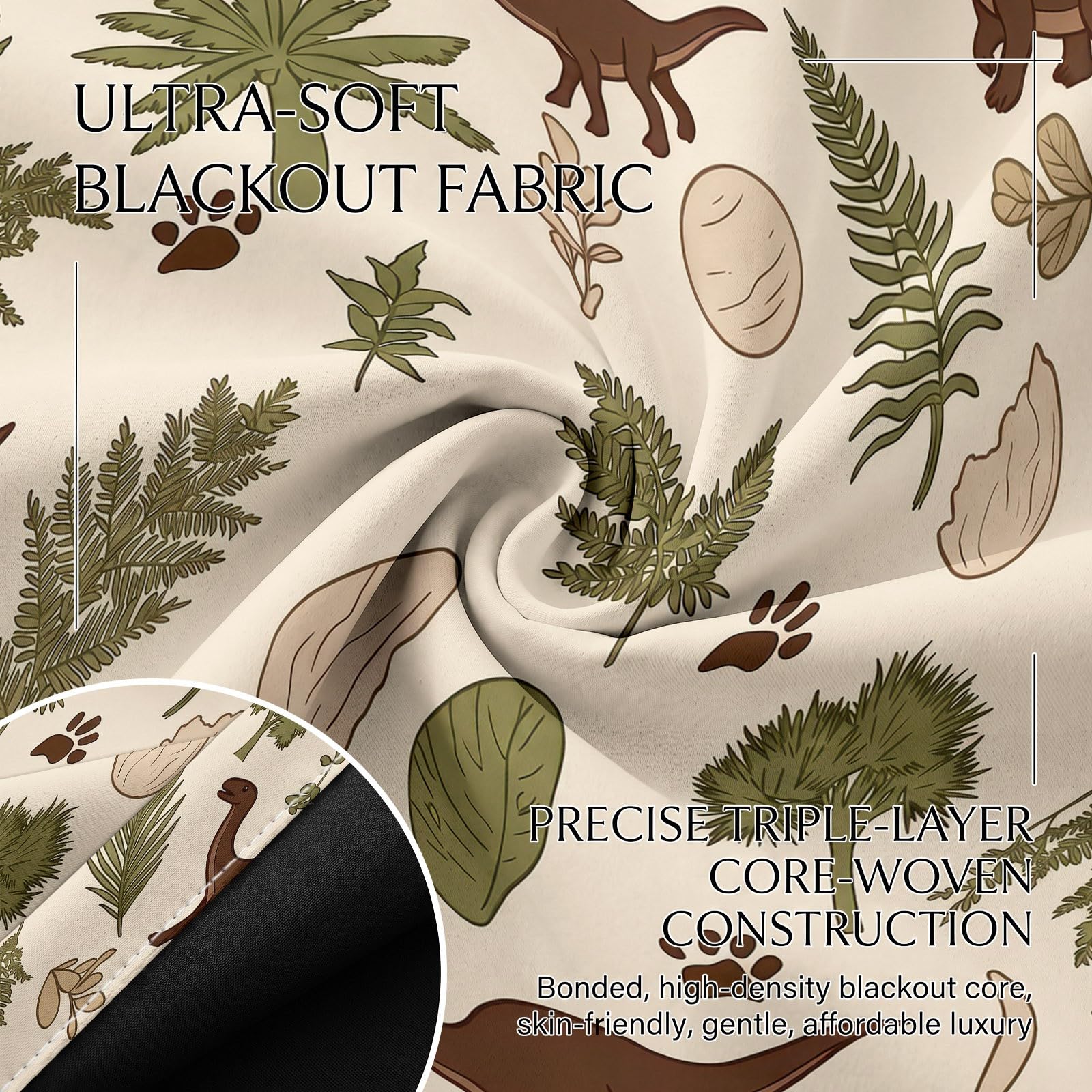 Zasłona z motywem dinozaurów, 100% termiczna zaciemniająca z oczkami, zestaw 2 sztuk 140 x 180 cm, paproć palma do sypialni dla chłopca i redukcja hałasu, do salonu i sypialni