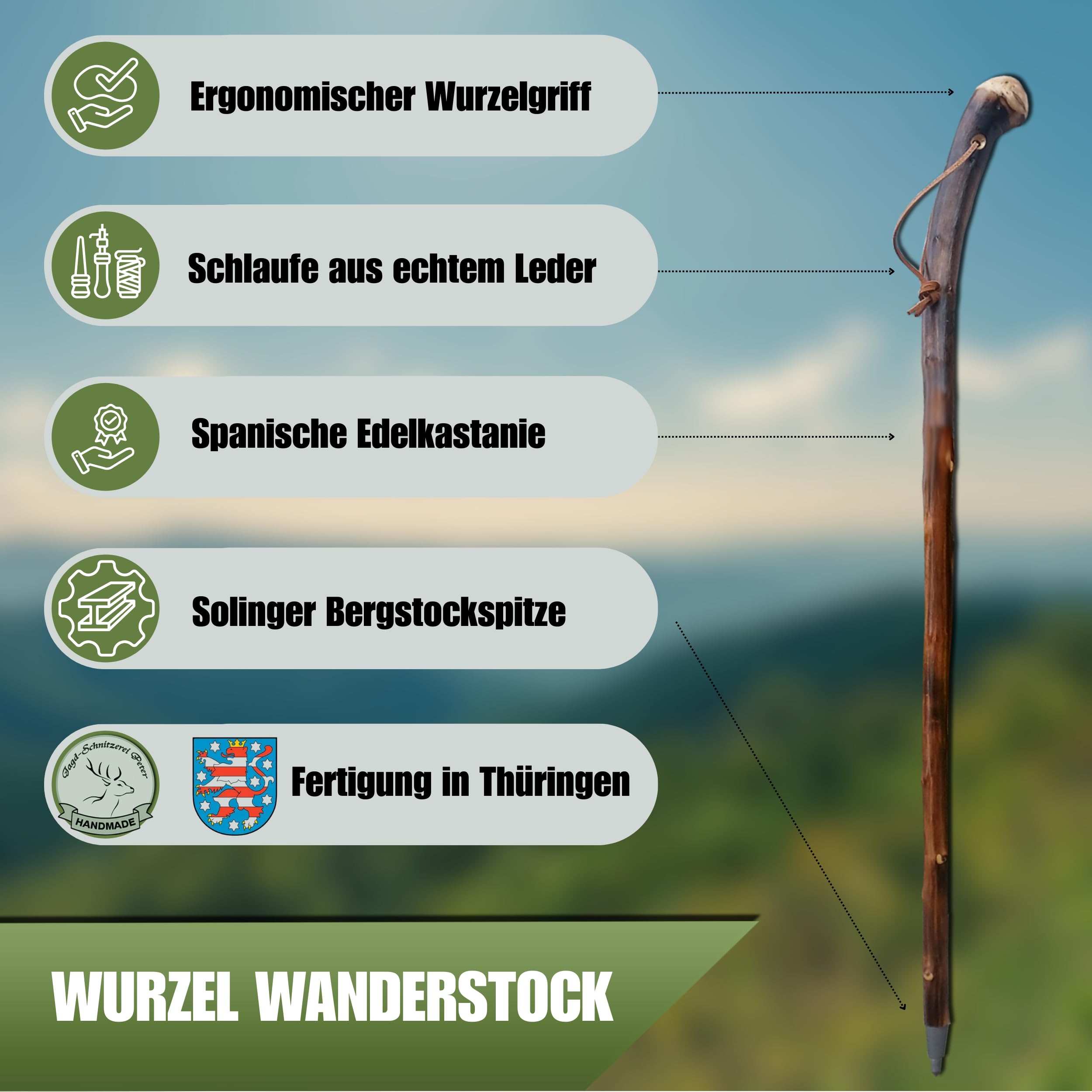 Wanderstock Holz aus Naturwurzelholz mit Sternzeichen-Symbolen, 98-170 cm | 15 Zeichen im Preis enthalten