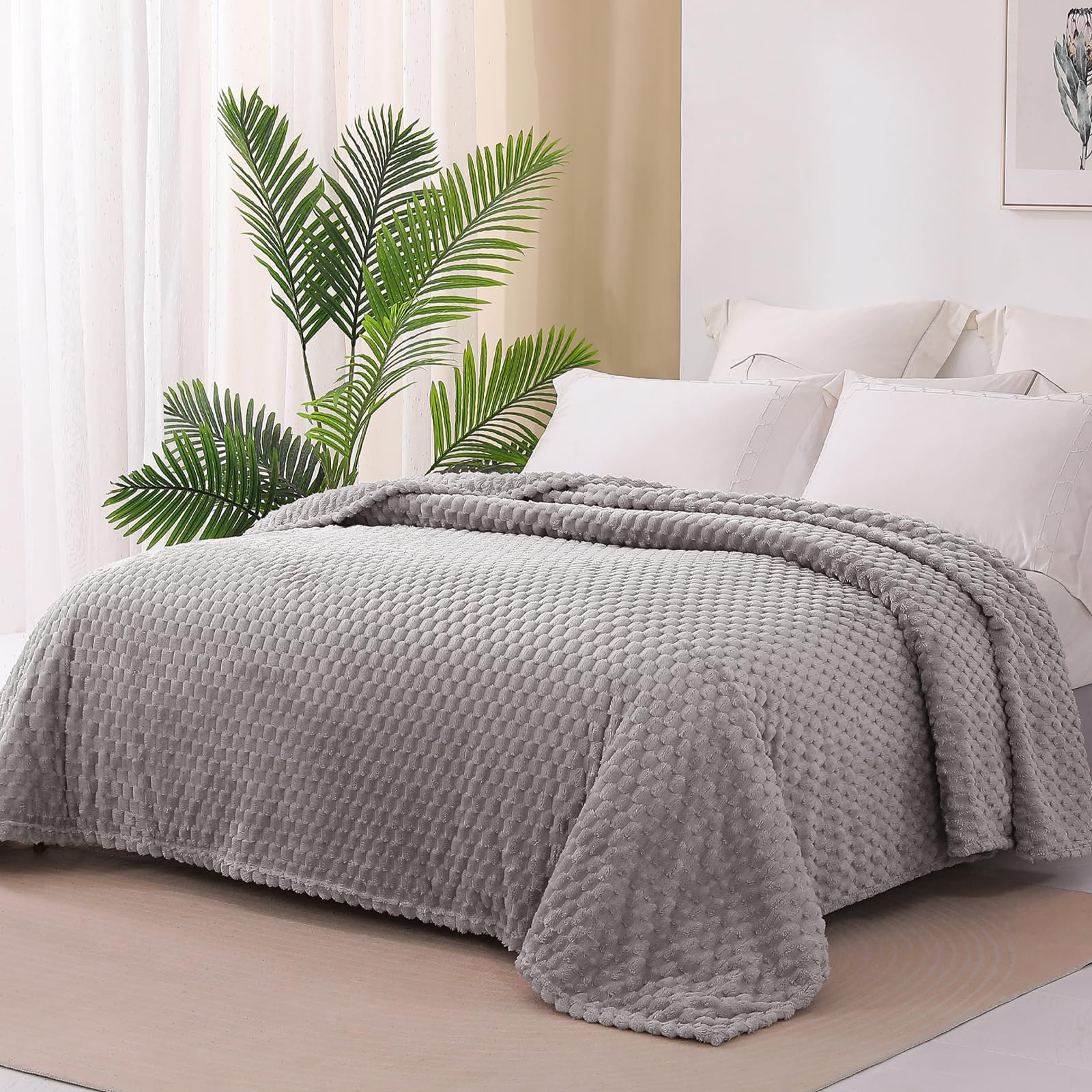 Exclusivo Mezcla Coperta Plaid Pile da Letto, 230x270 cm, Grigio Chiaro | Coperta in Flanella Jacquard 3D Elegante per Divano, Doppia Faccia Morbida, Facile Manutenzione e Leggera, per l'Estate