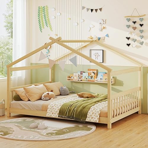 Miniatura 10 de KOMFOTT Cama individual de madera para niños, marco de cama de piso de perfil bajo con techo, cabecero y estribo, cama de tienda para niños