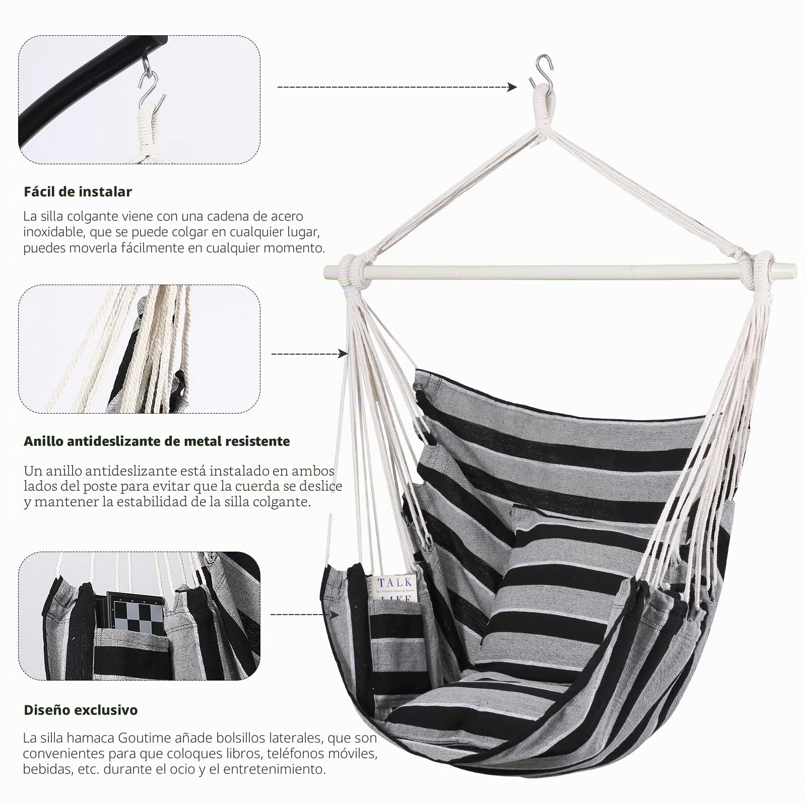 Goutime Silla Columpio Silla de Hamaca Grande de algodón Suave con Dos Cojines Almohada con Bolso Interior/Exterior/Dormitorio/balcón/Hamaca Asiento Jardin,Soporta hasta 330 LB (Negro grisáceo)