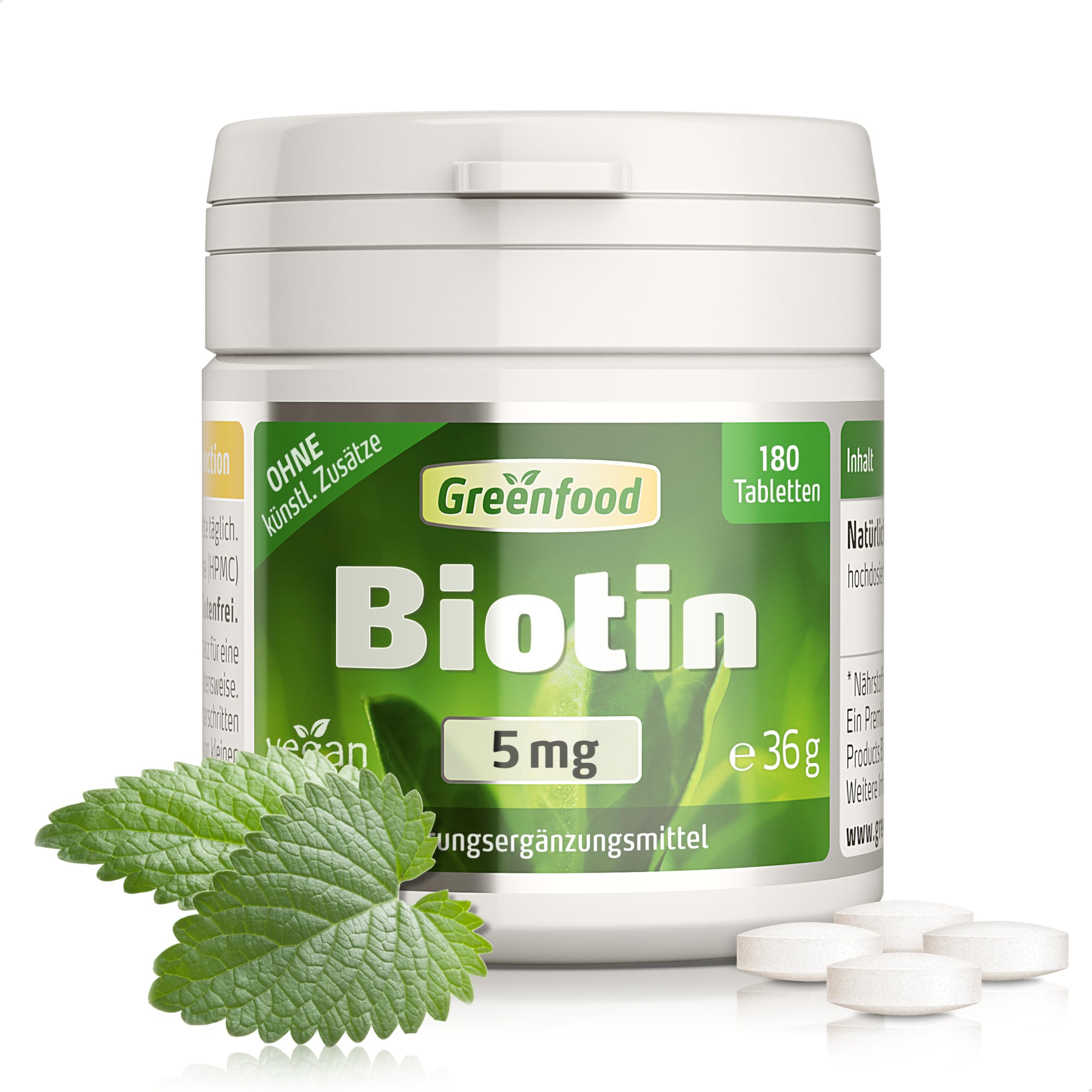 Biotin, hochdosiert, 5mg - 180 Tabletten, vegan. Vitamin B7 (Biotin) - das Beauty-Vitamin für gesunde Haut & Haare. OHNE künstliche Zusätze - laborgeprüft. Von Greenfood.