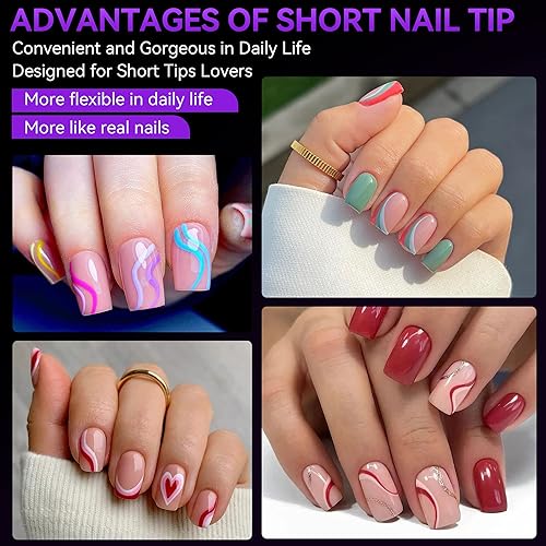 Miniatura 4 de Gelike EC Kit de puntas de uñas de gel extra cortas y suaves para extensiones de uñas, cobertura completa, forma cuadrada, resina de PMMA prepulida,